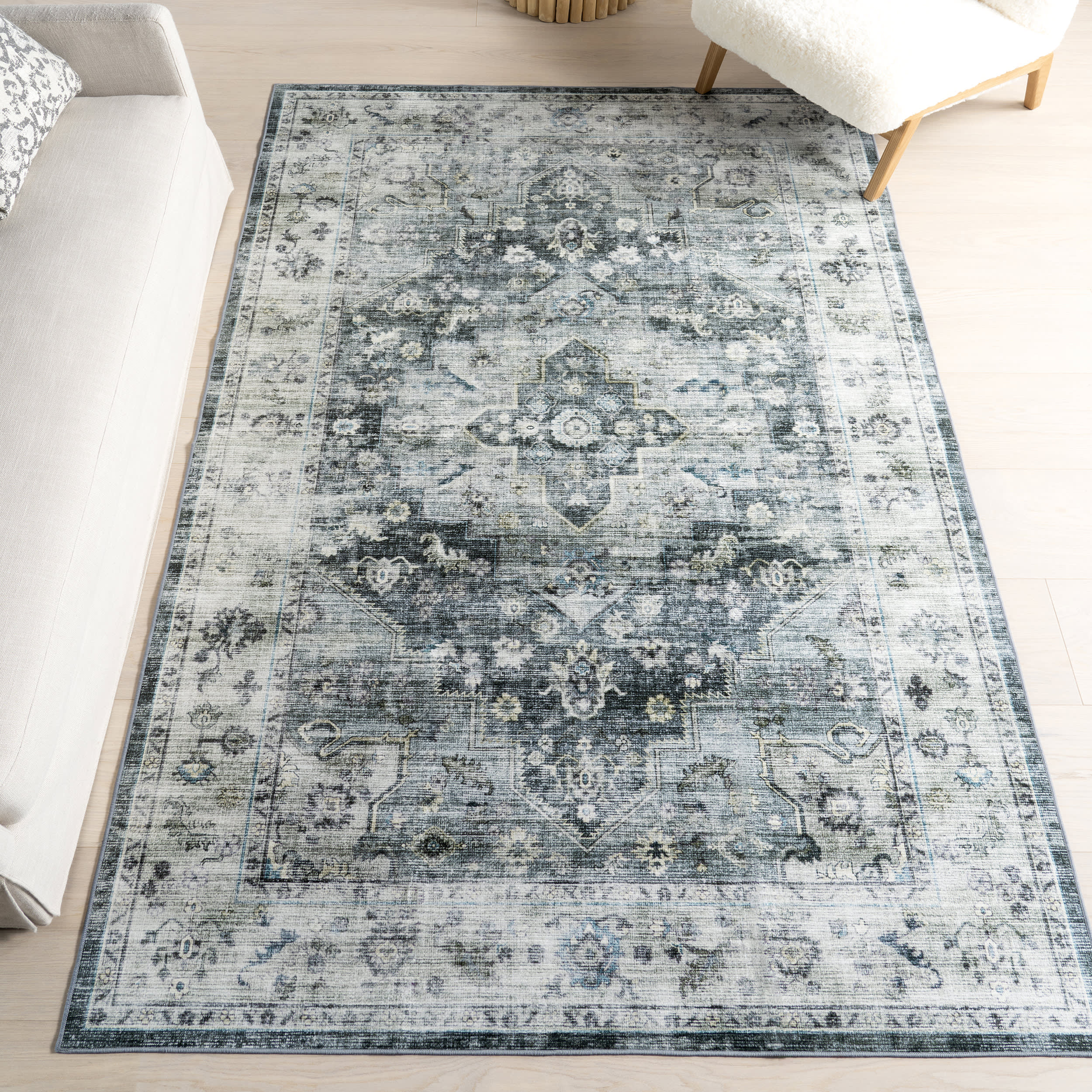 Kairi Medallion Spill Proof Washable Rug | Slate Blue