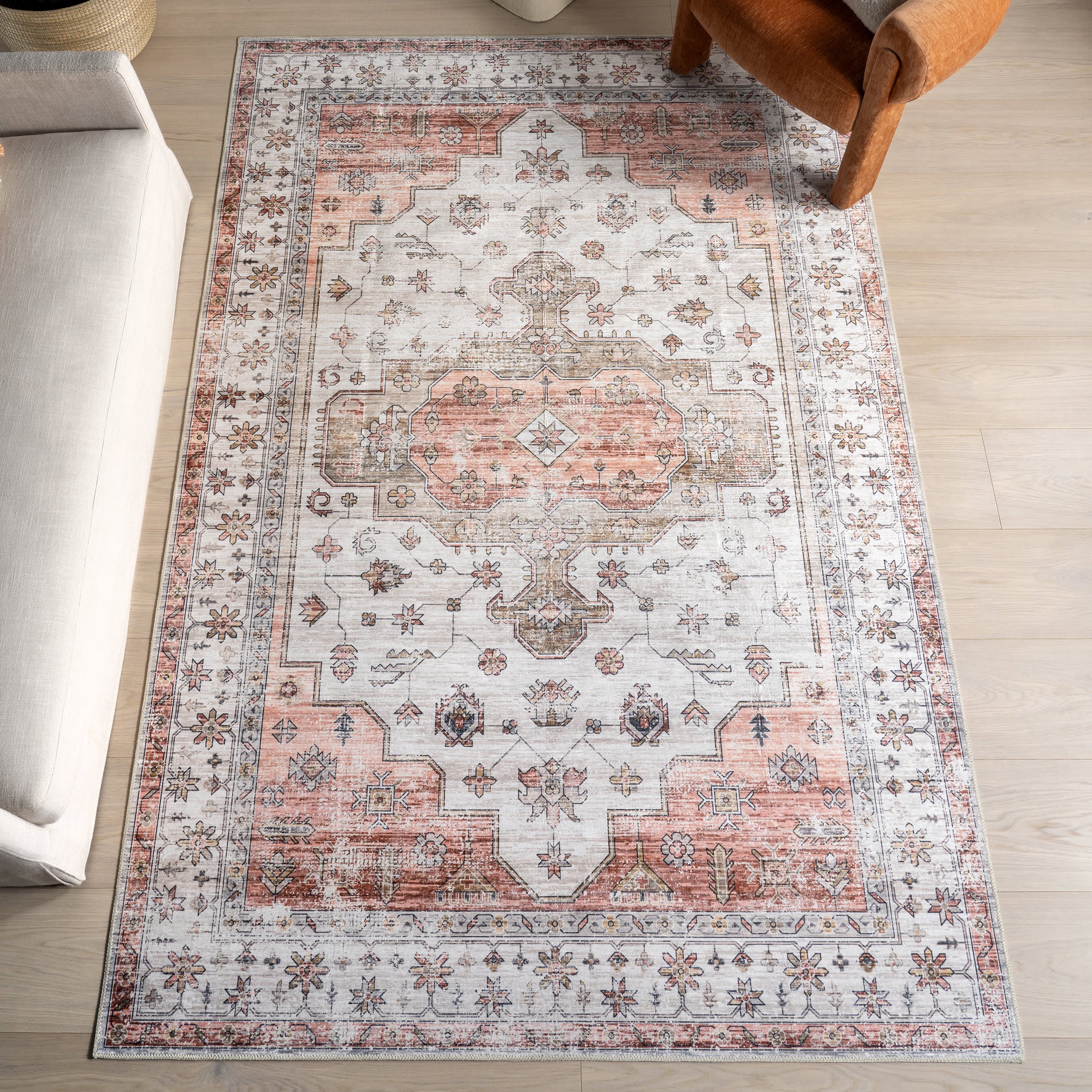 Francis Cartouche Medallion Spill Proof Washable Rug | Beige