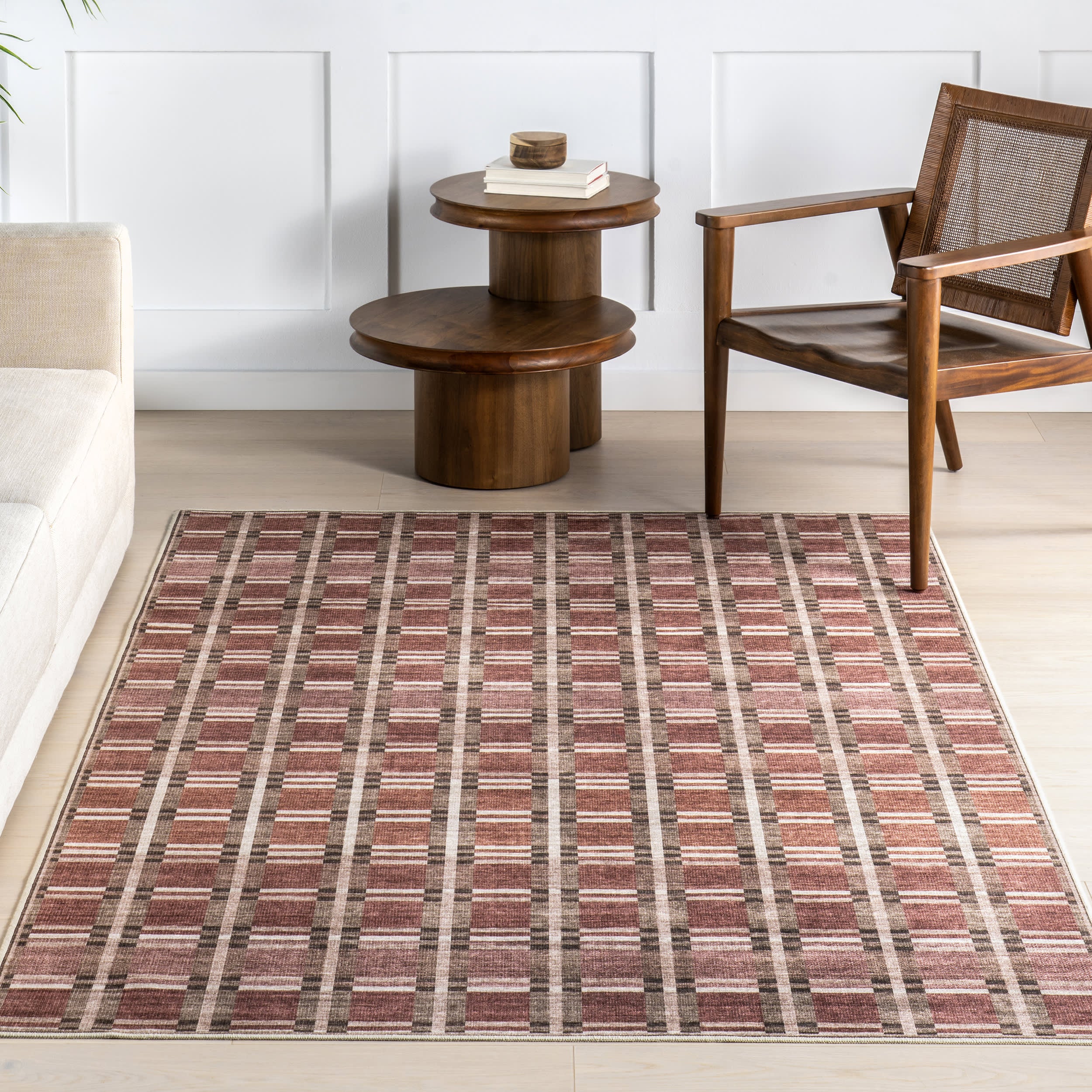 Sacha Plaid Spill Proof Washable Rug | Rust