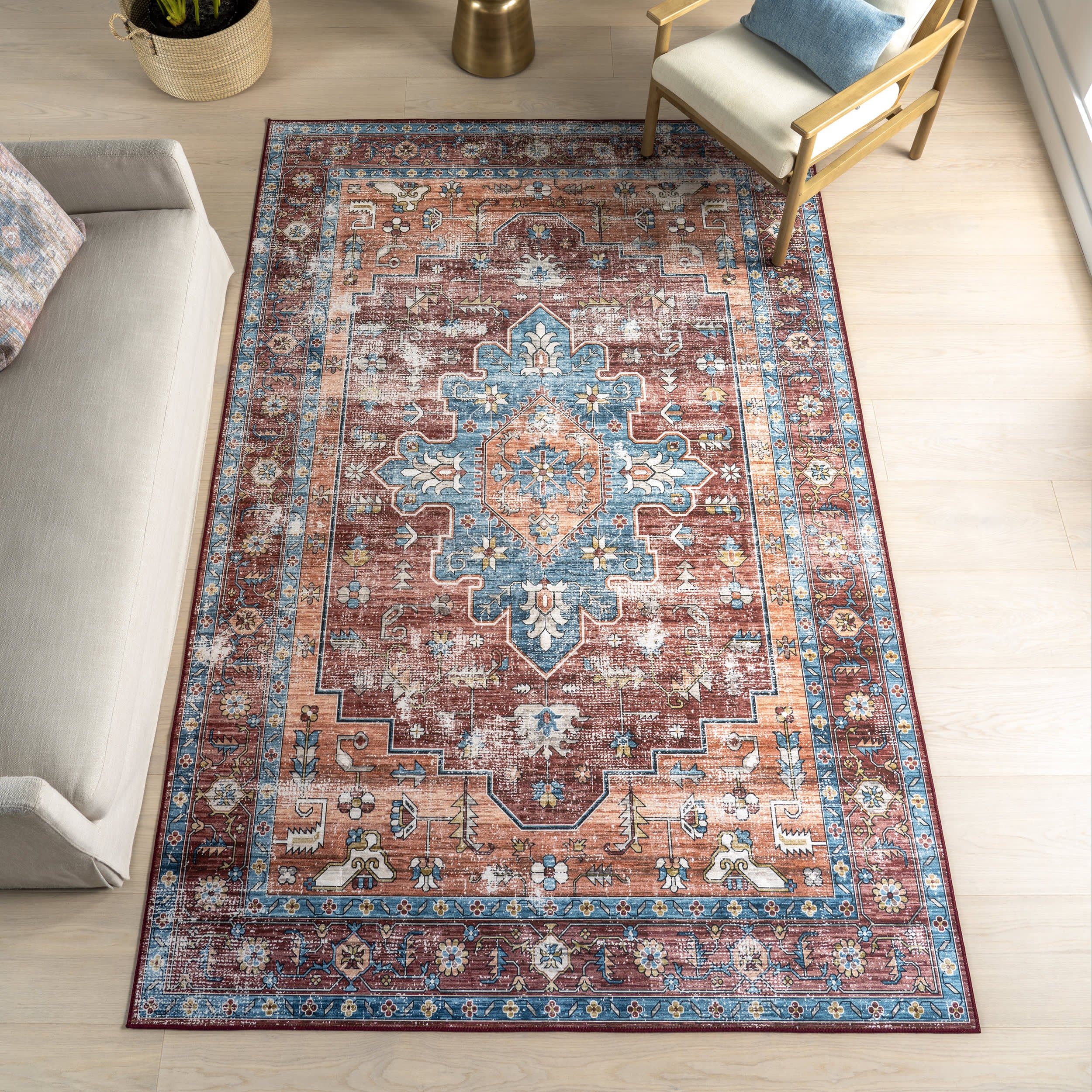 Castle Medallion Spill Proof Washable Rug | Rust