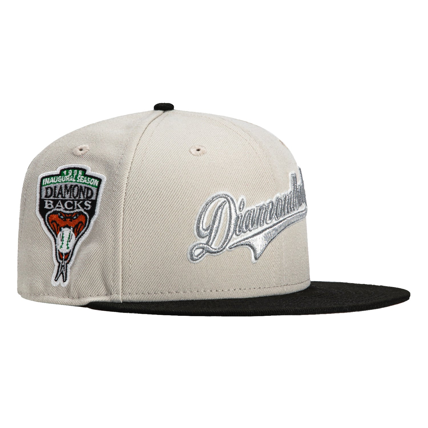 New Era 59Fifty Arizona Diamondbacks Inaugural Patch Script Hat - Stone, Black, Metallic Silver