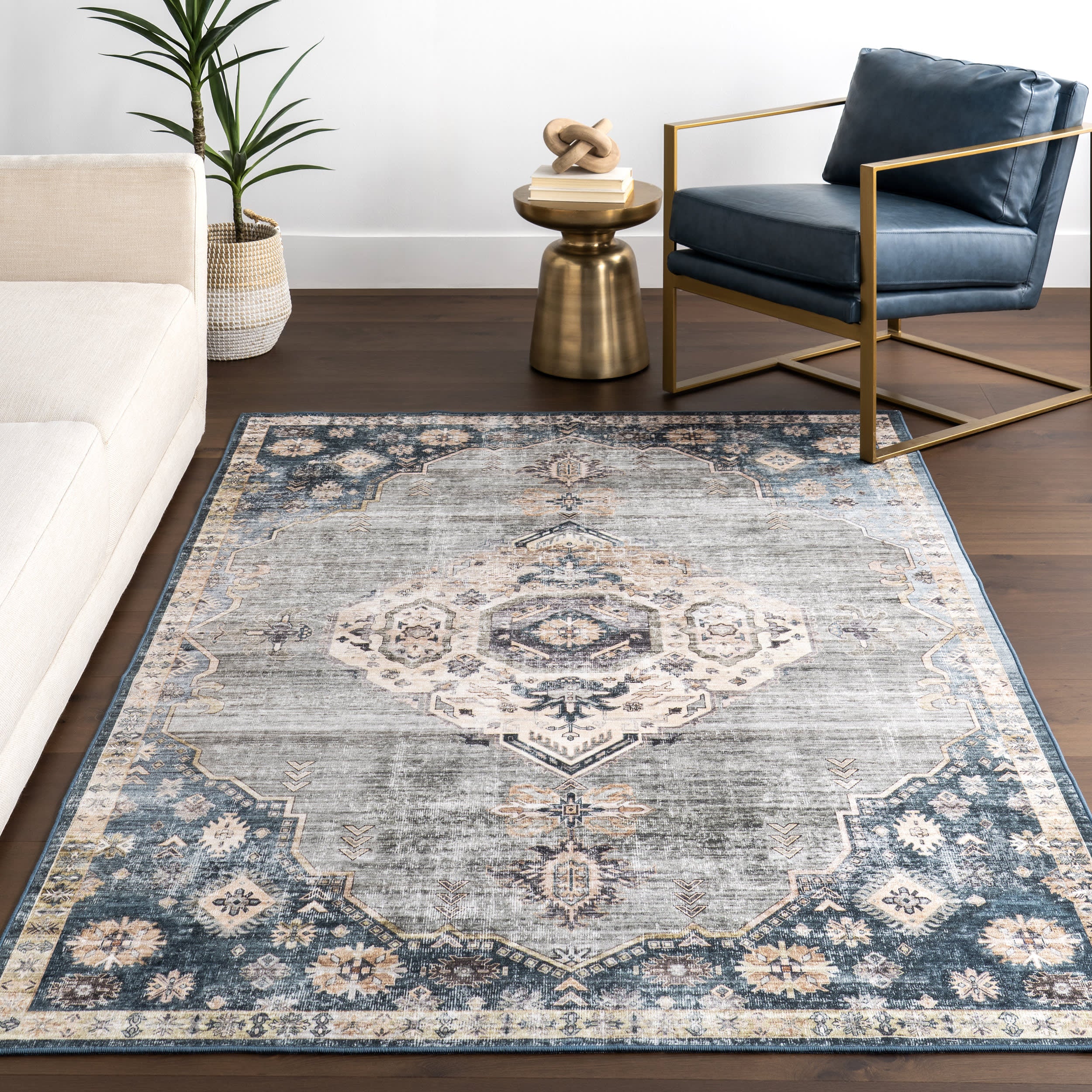 Noor Medallion Spill Proof Washable Rug | Blue