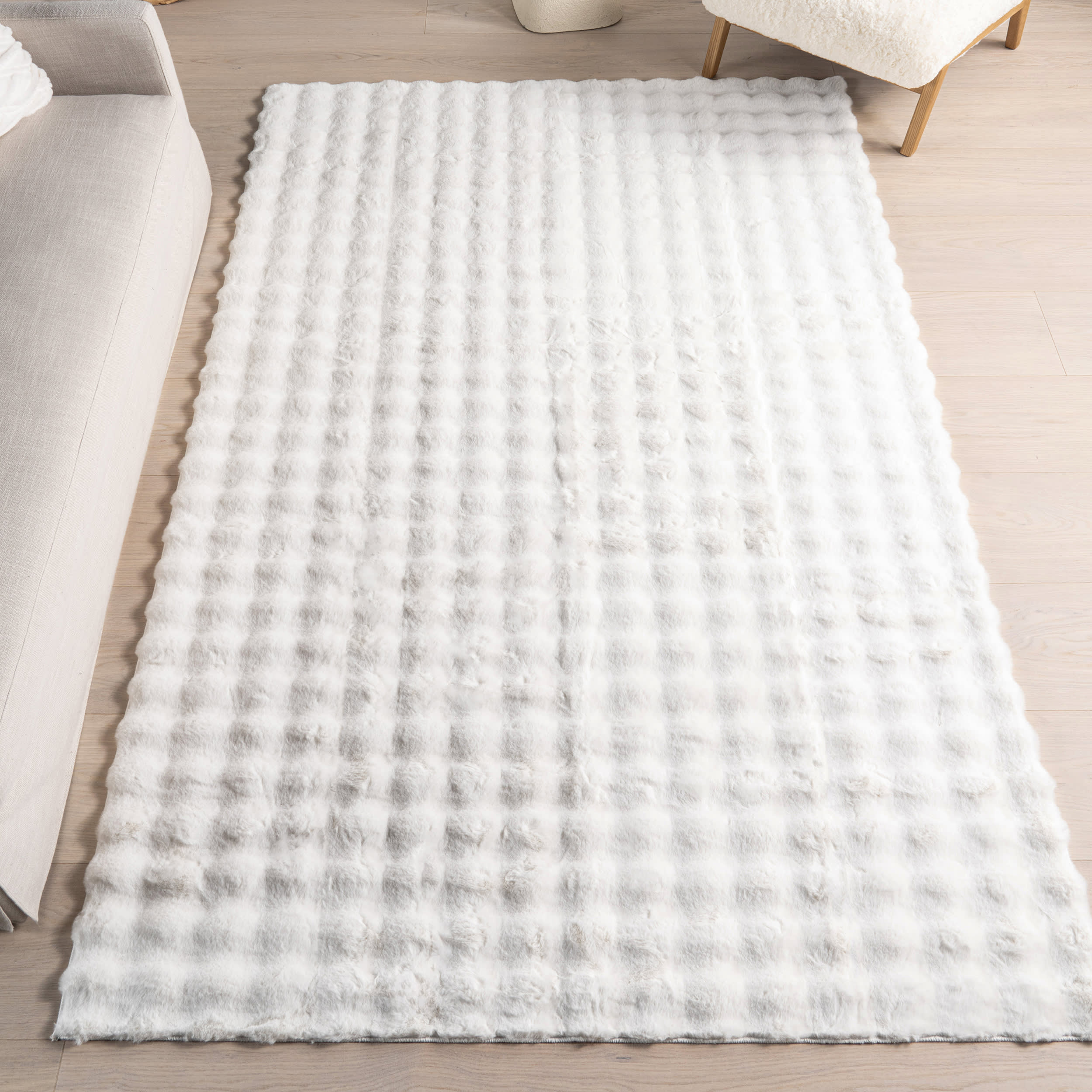 Ivana Checkered Plush Cloud Washable Rug | Off White