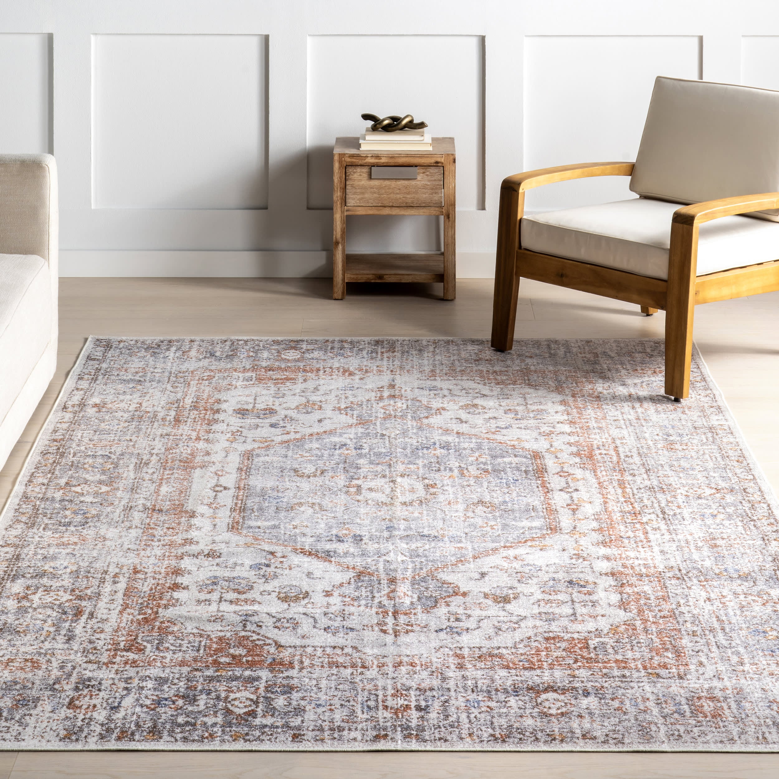 Vintage Medallion Spill Proof Washable Rug | Light Grey