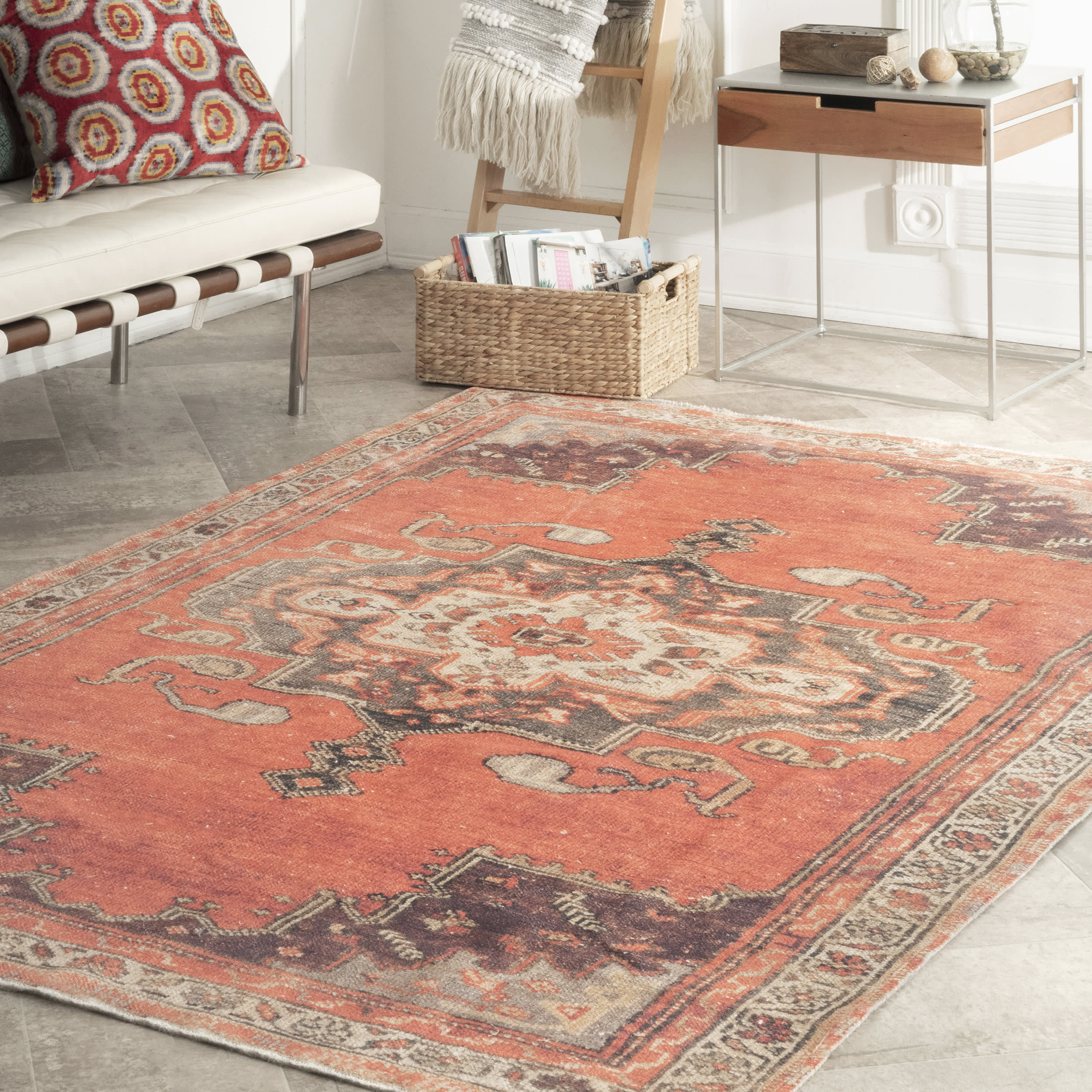 Printed Cartouche Medallion Flatweave Rug | Rust