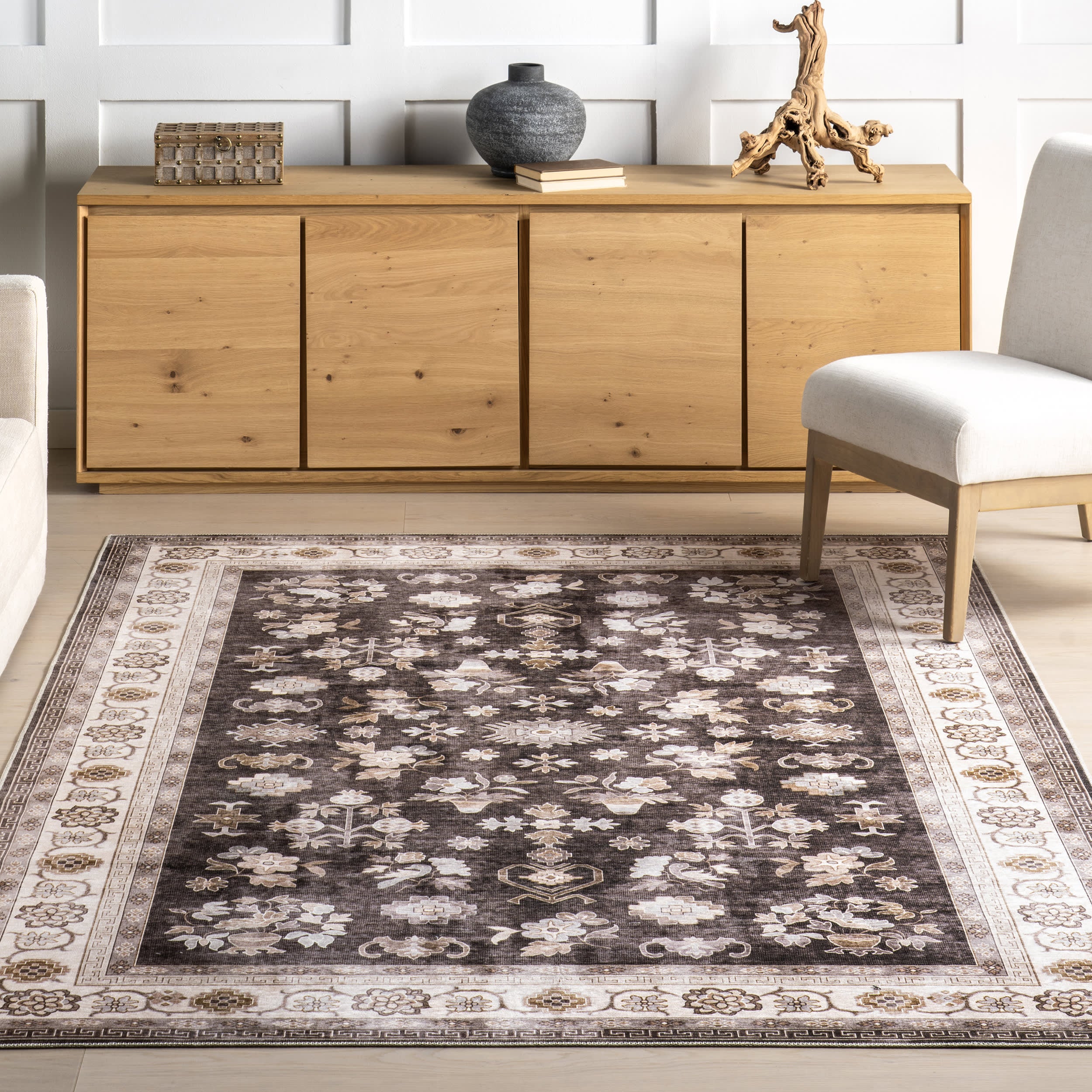 Dayflower Vintage Spill Proof Washable Rug | Brown