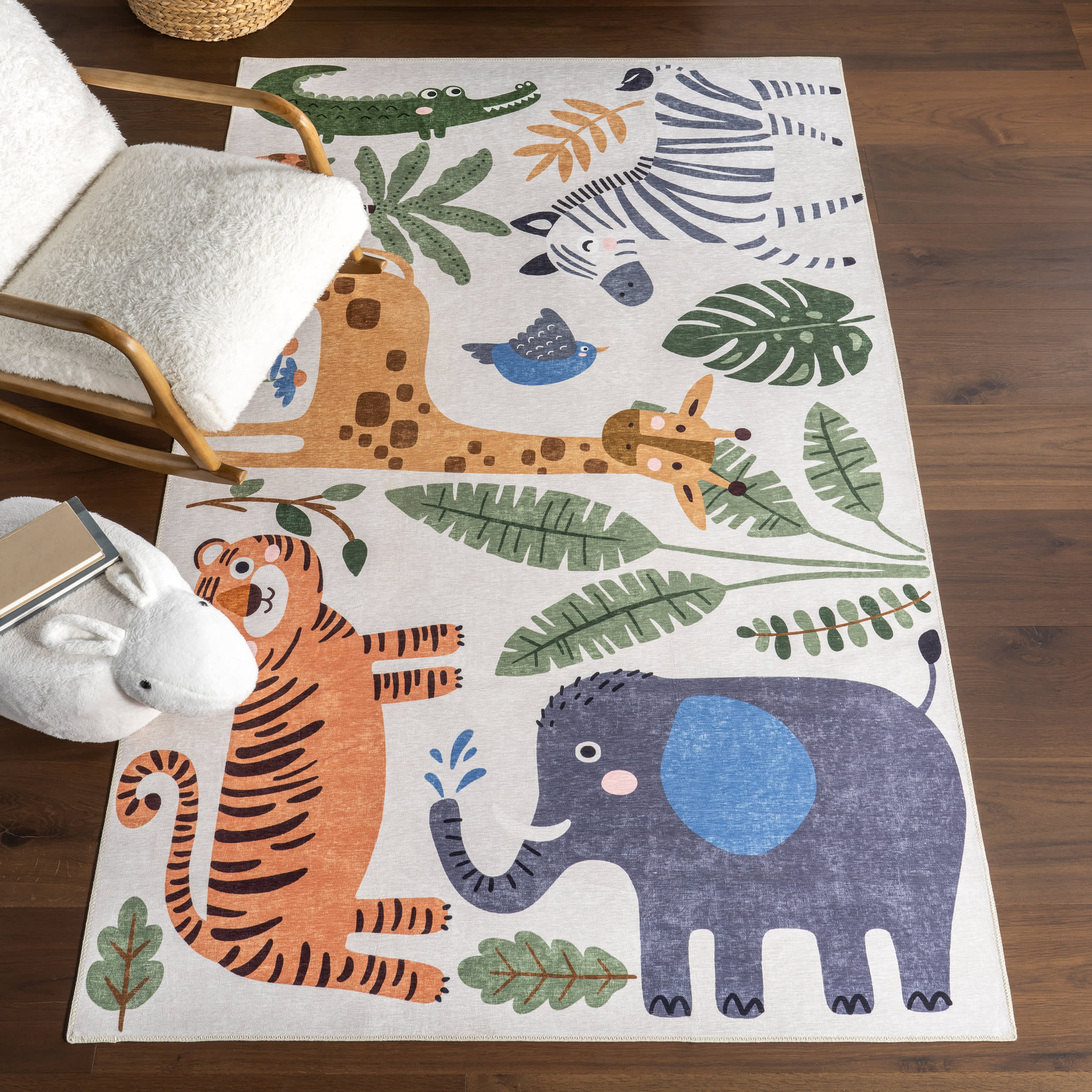 Debra Kids Spill Proof Washable Jungle Friends Rug | White Multicolor