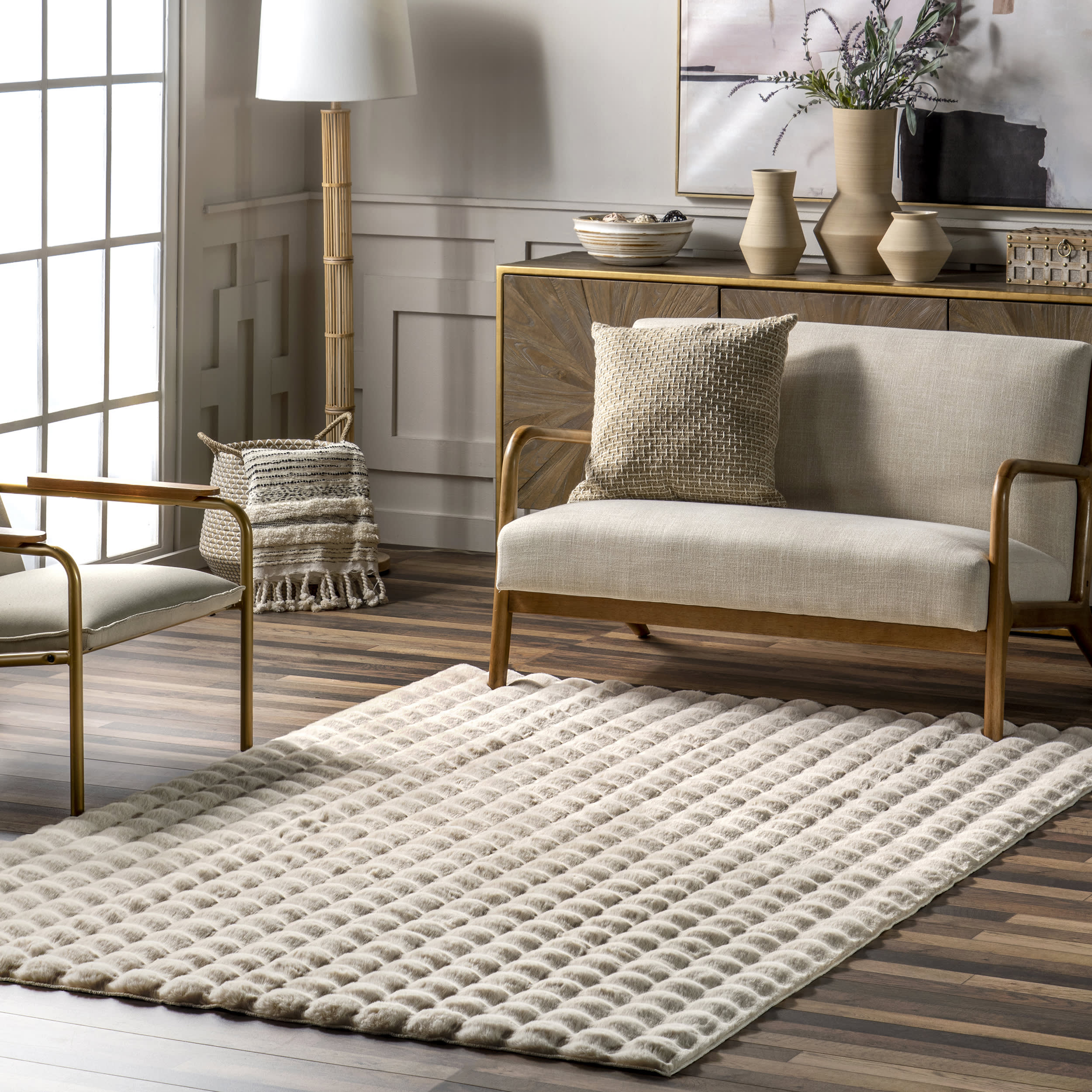 Ivana Checkered Plush Cloud Washable Rug | Beige