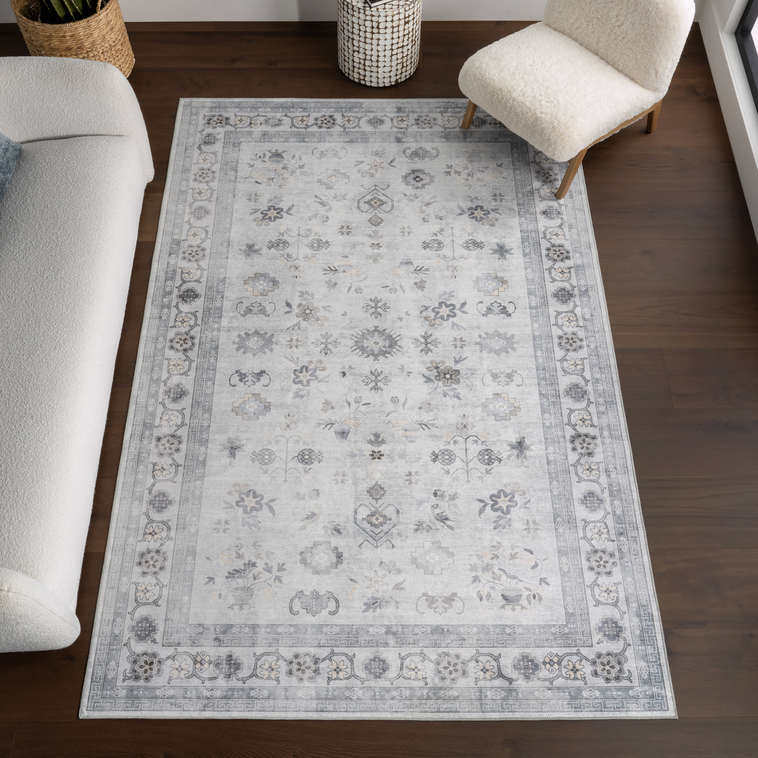 Dayflower Vintage Spill Proof Washable Rug | Light Grey