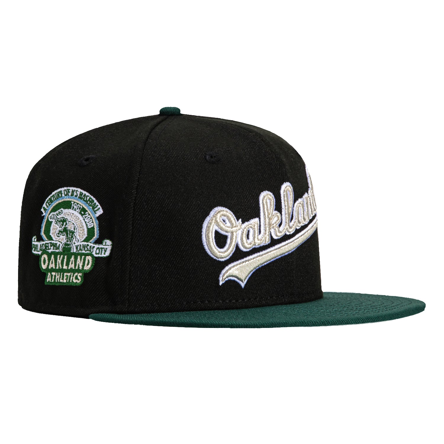 New Era 59Fifty Oakland Athletics 100th Anniversary Stadium Patch Script Hat - Black, Green, Metallic Silver