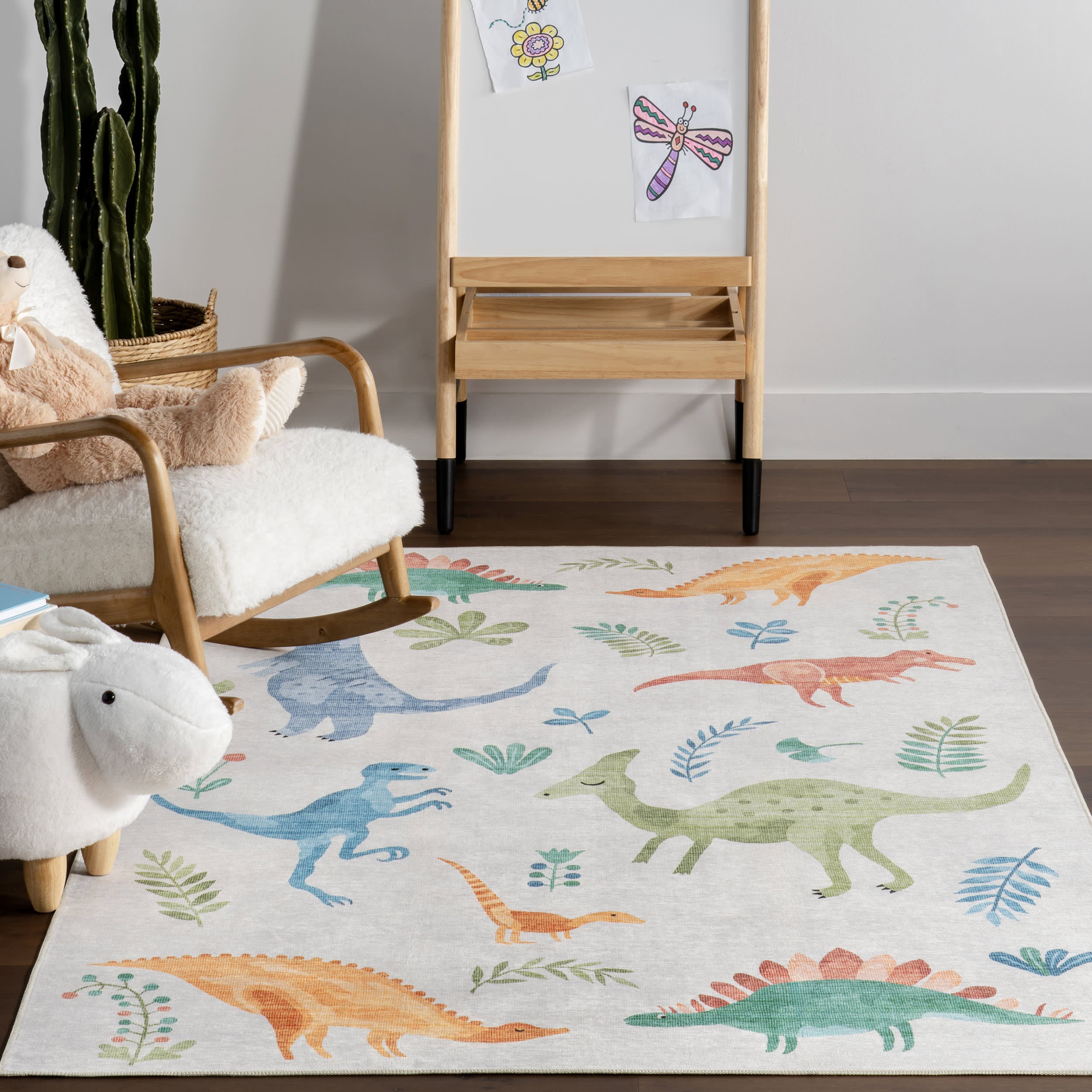 Kayleigh Kids Spill Proof Washable Dinosaur Rug | White Multicolor