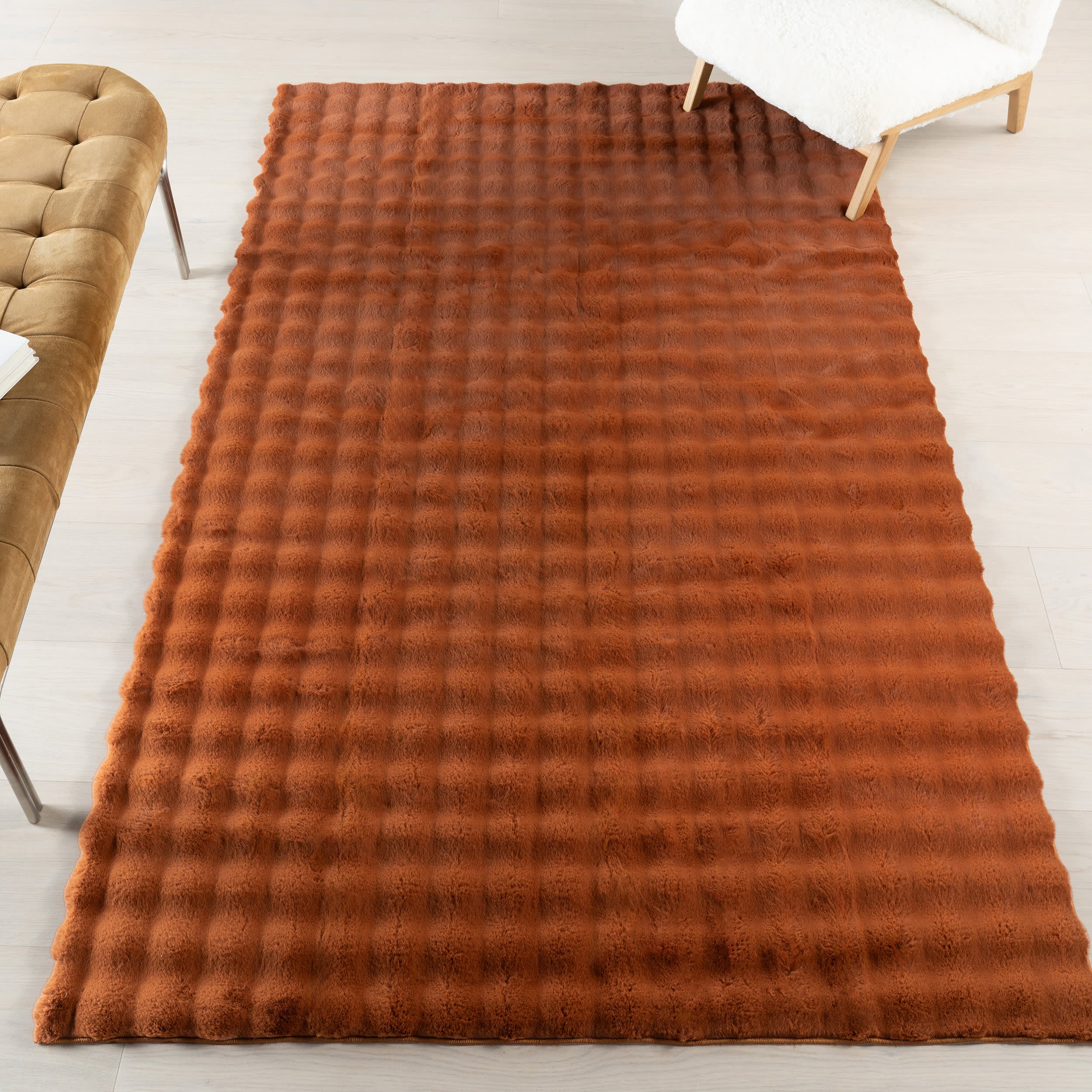 Ivana Checkered Plush Cloud Washable Rug | Brick