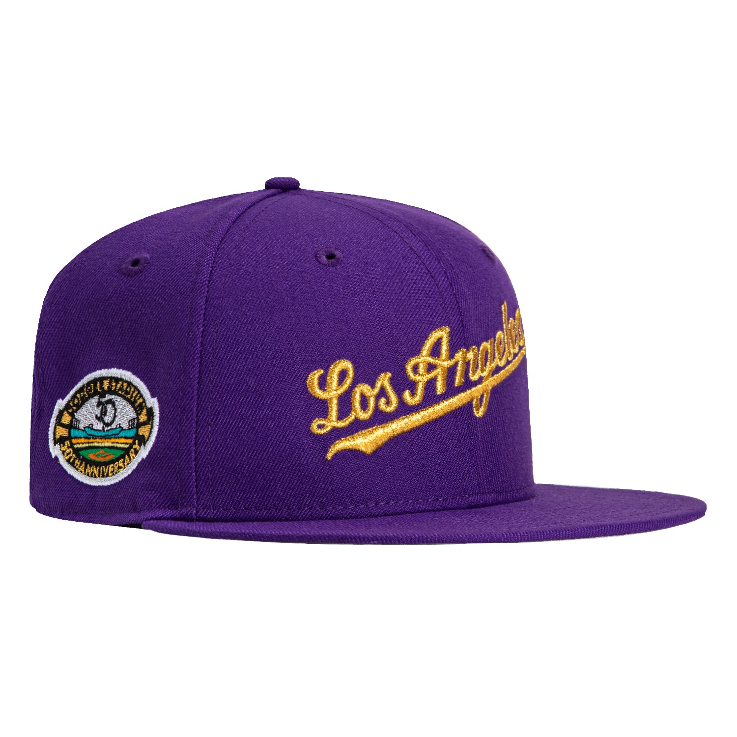 New Era 59Fifty Los Angeles Dodgers 50th Anniversary Stadium Patch Script Hat - Purple, Metallic Gold