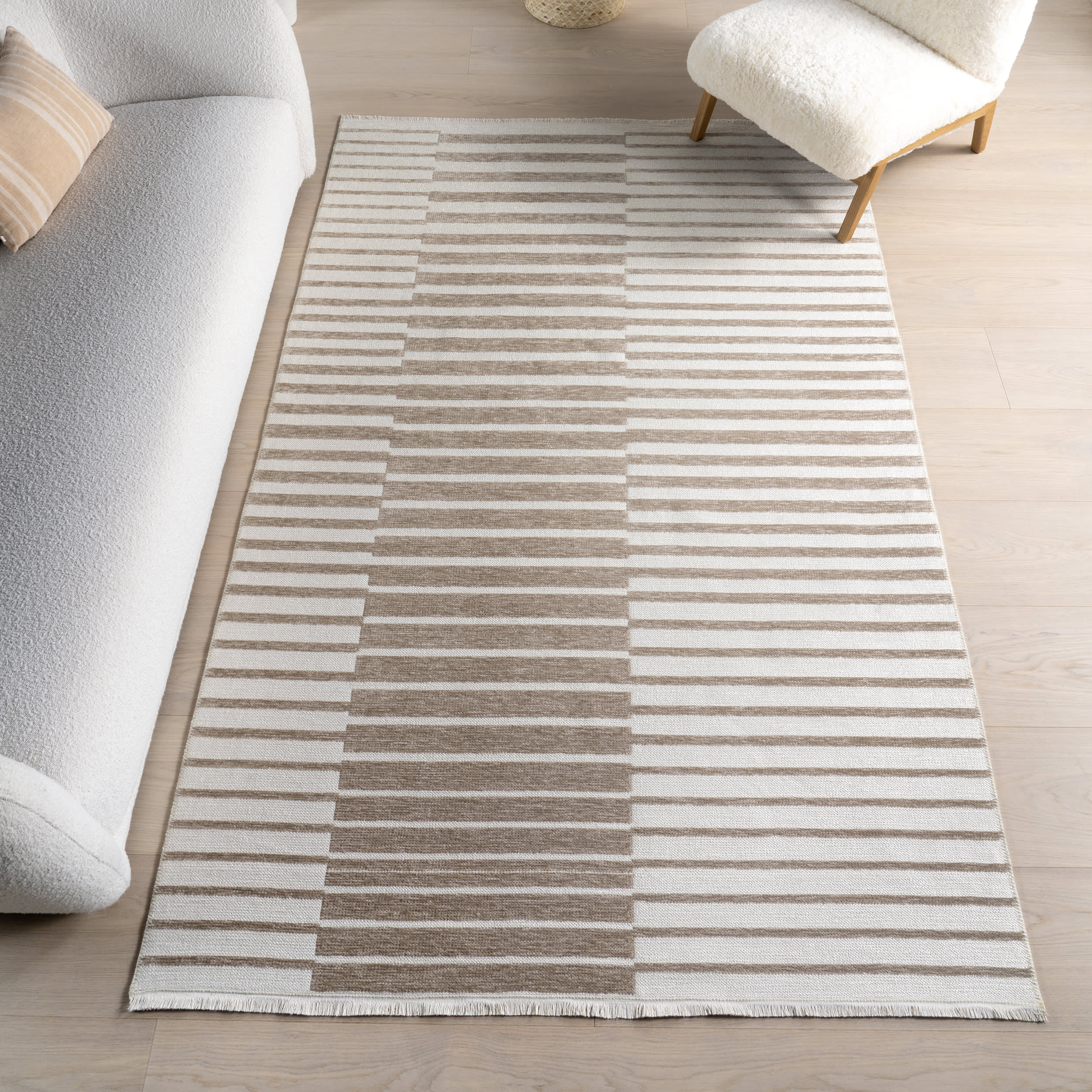 Nova Striped Checkerboard Reversible Washable Rug | Taupe