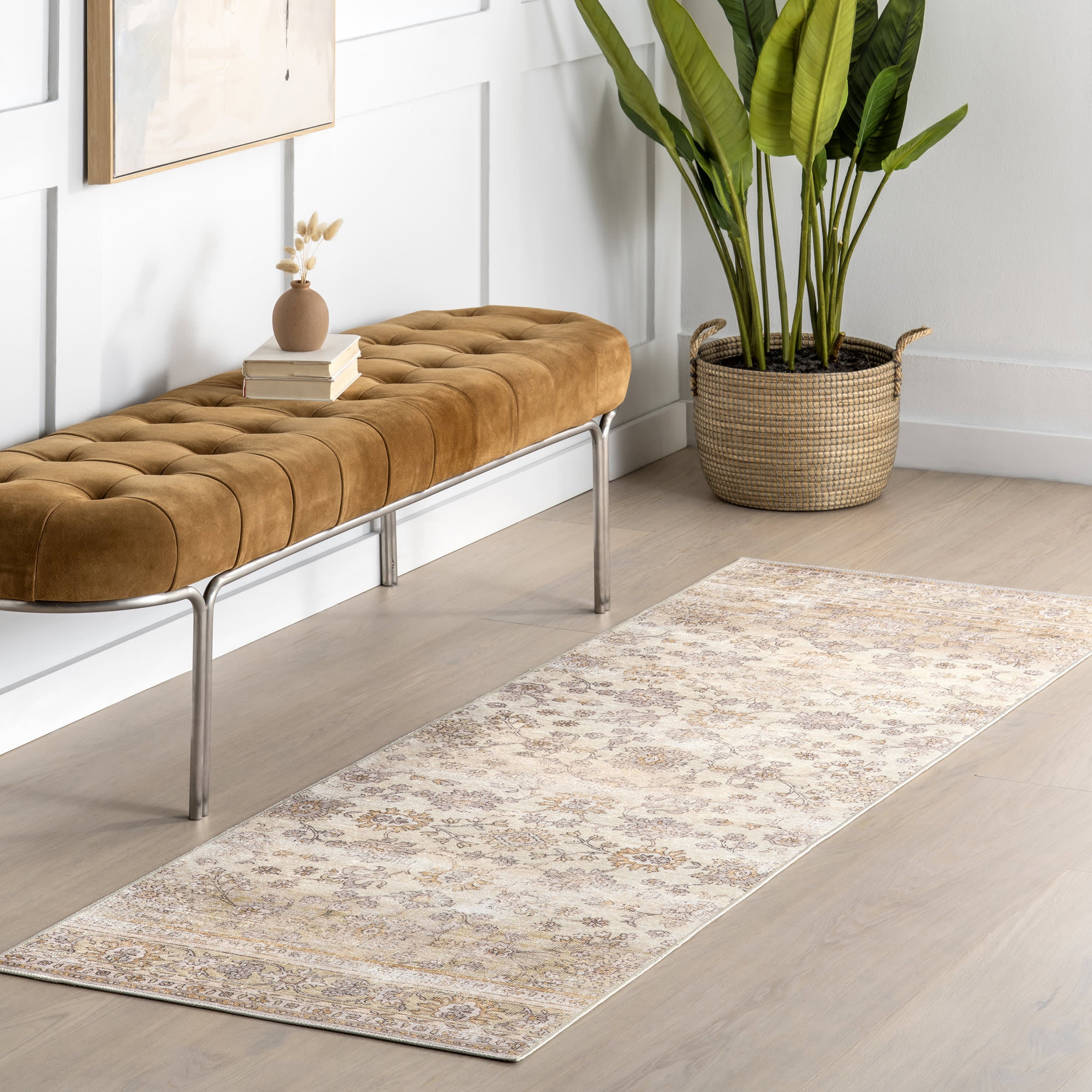 Meena Fading Garden Spill Proof Washable Rug | Beige