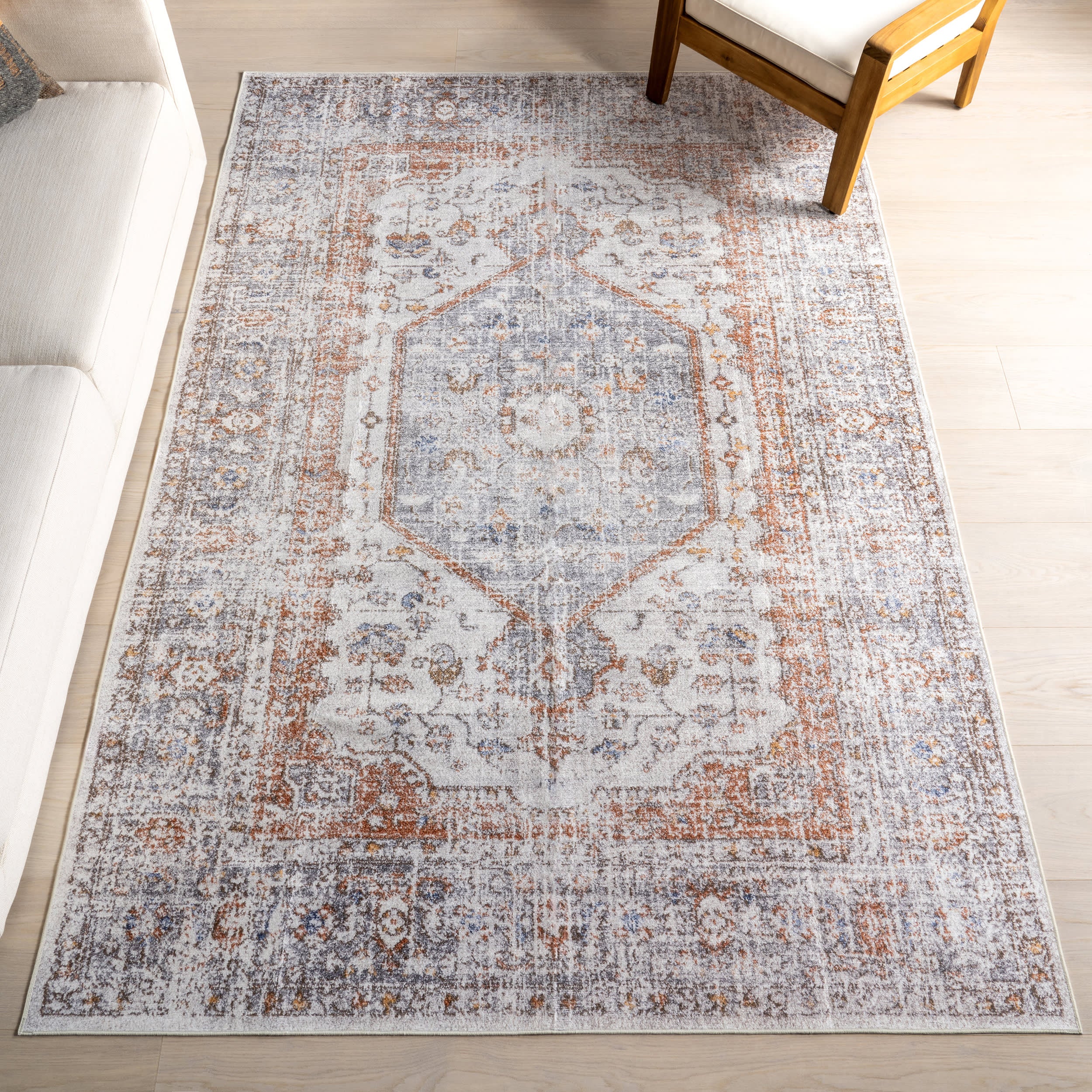 Vintage Medallion Spill Proof Washable Rug | Light Grey