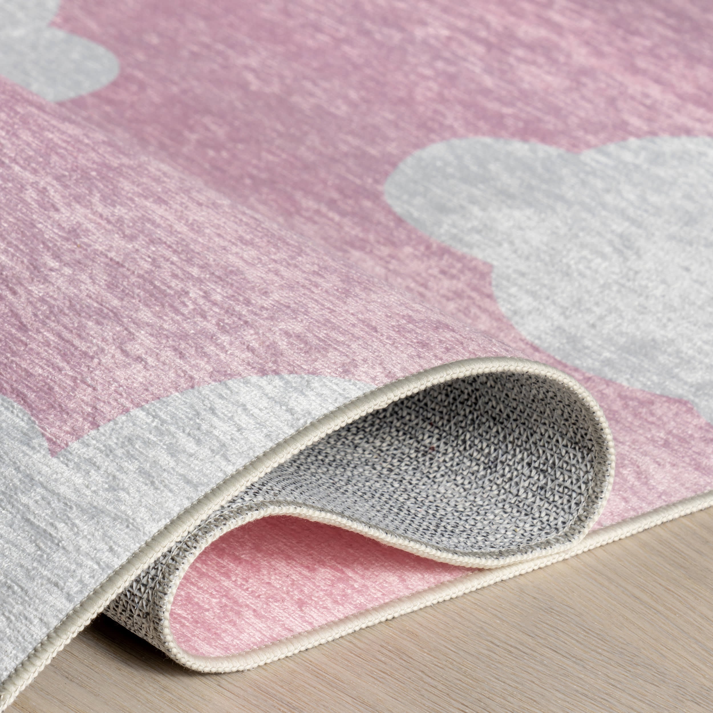 Landon Clouds Kids Spill Proof Washable Rug | Pink