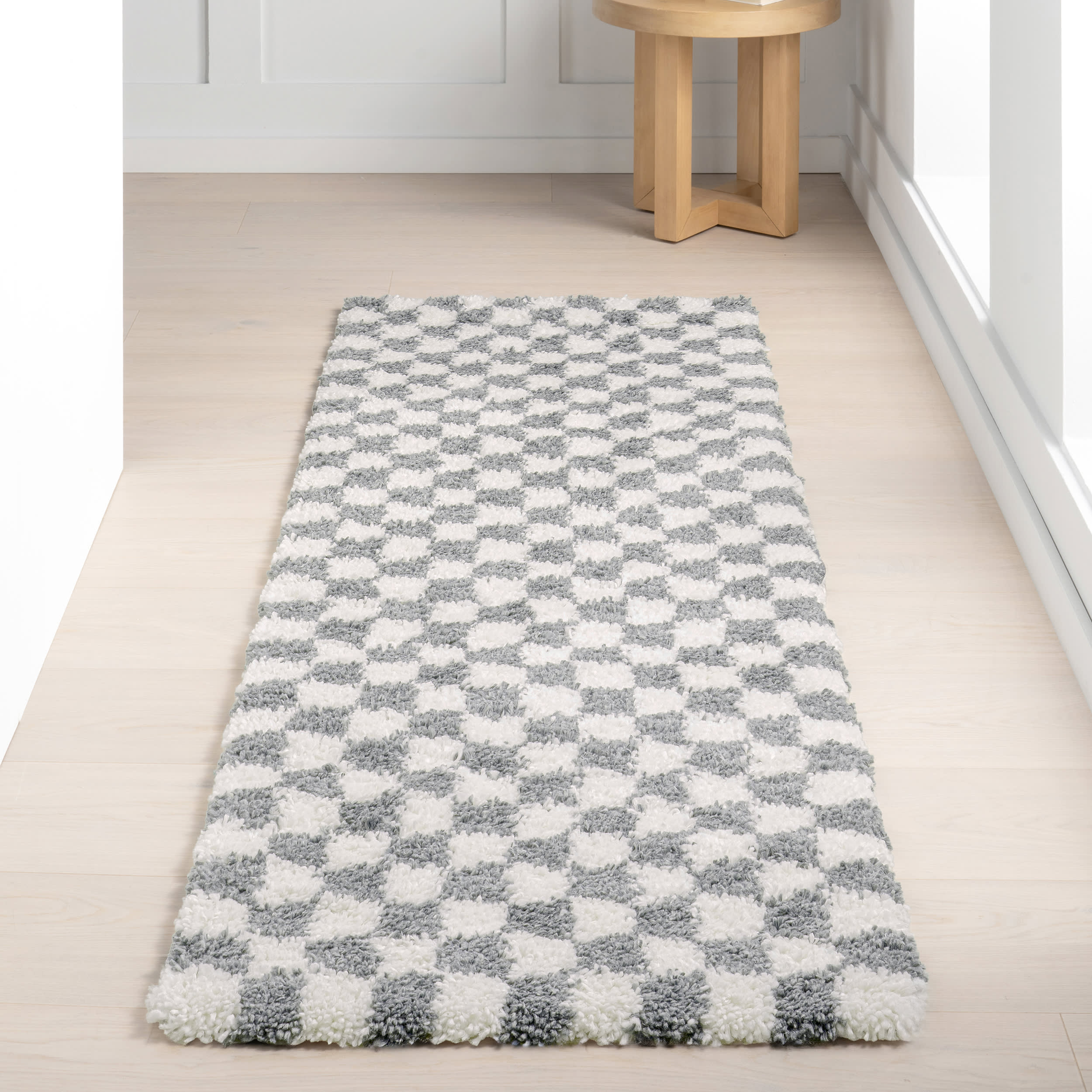 Bettie Retro Checkered Shag Rug | Light Grey