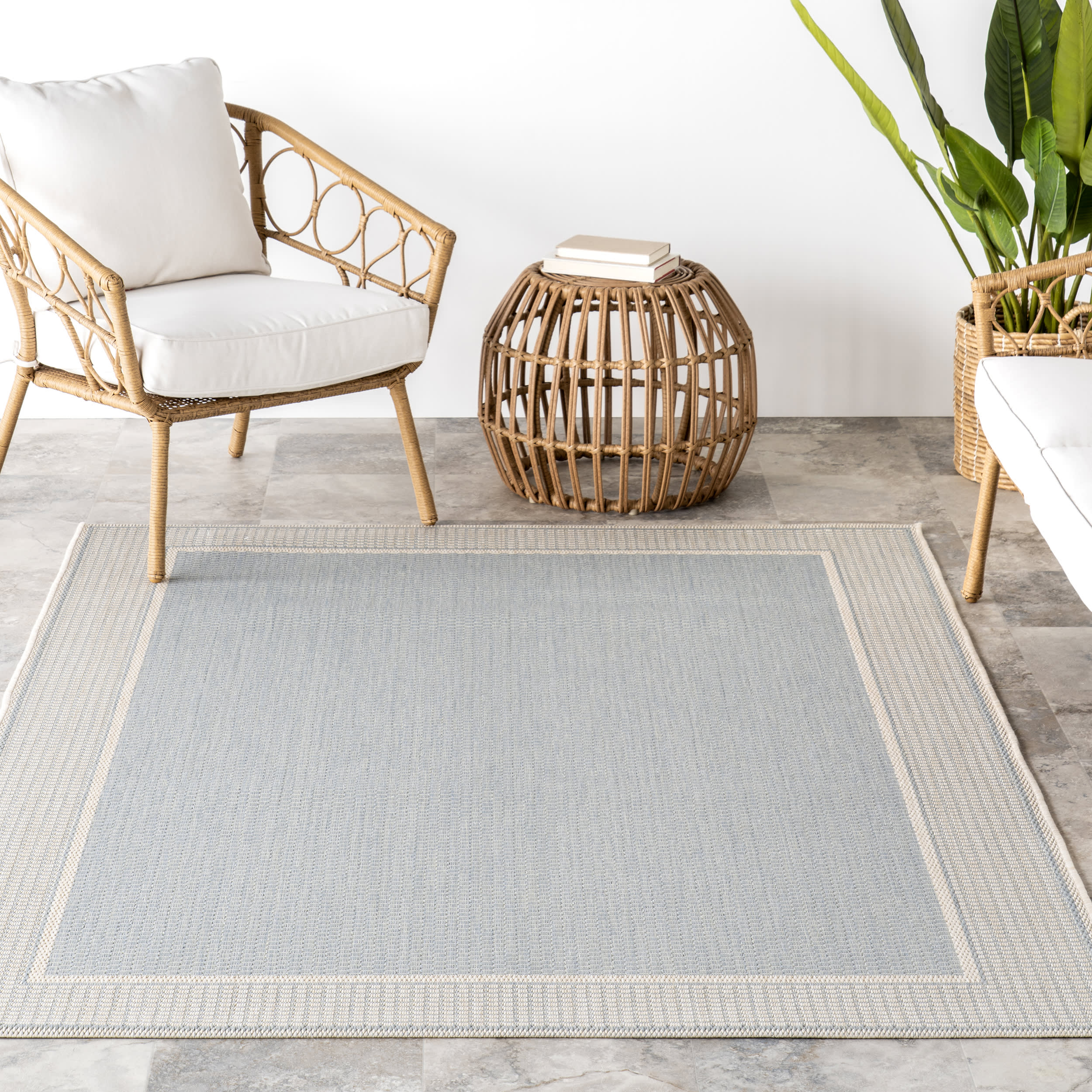 Monochrome Bordered Indoor/Outdoor Rug | Slate Blue