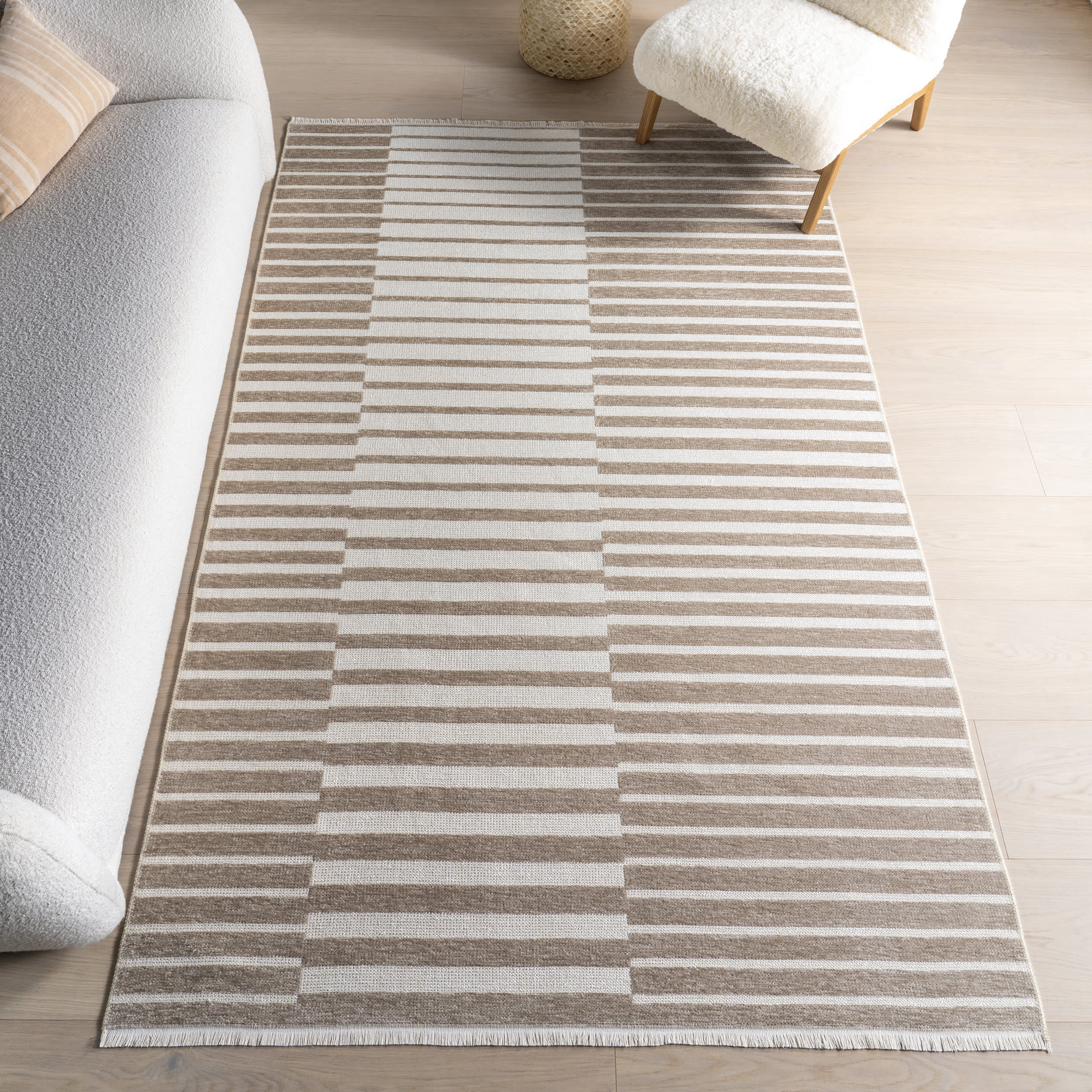 Nova Striped Checkerboard Reversible Washable Rug | Taupe