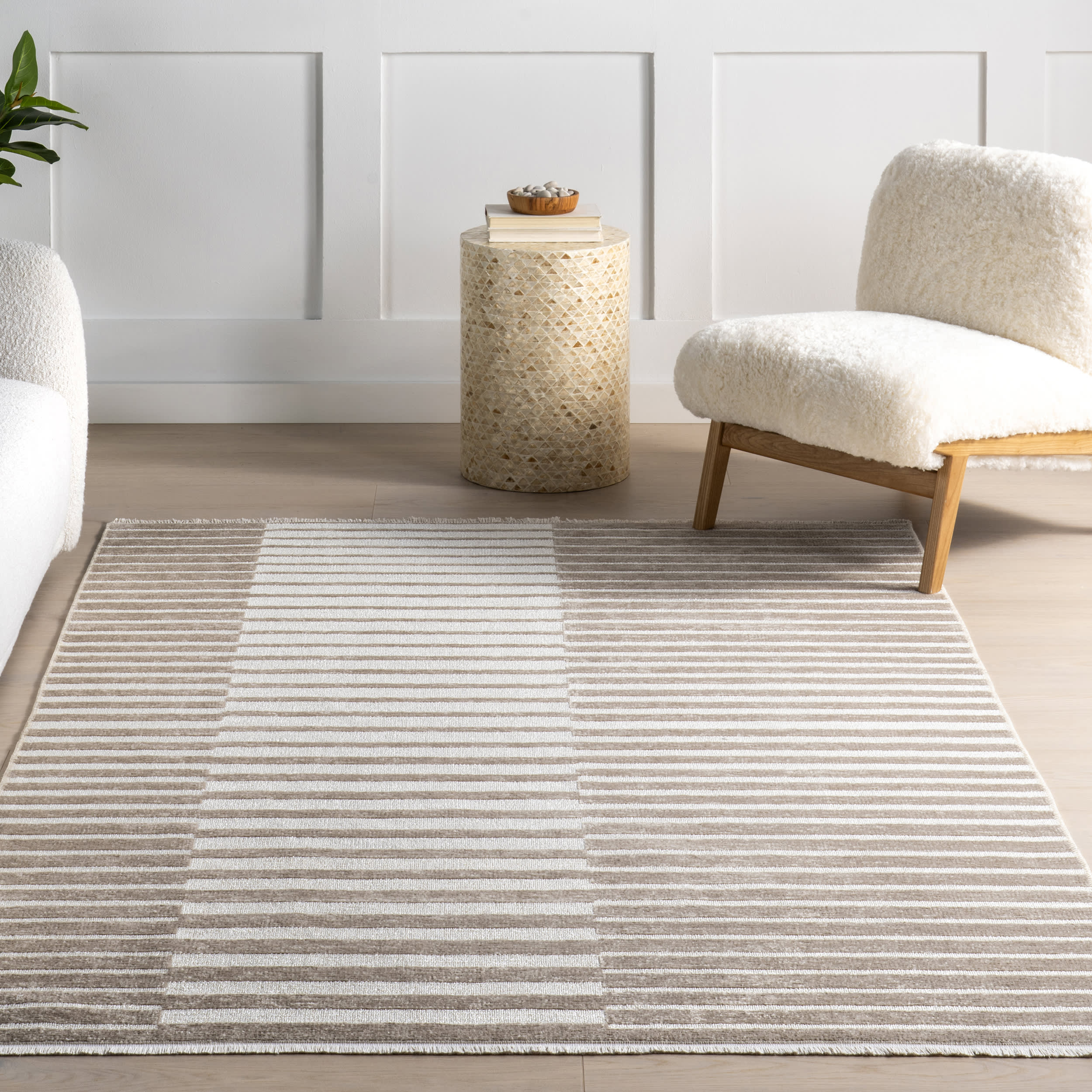 Nova Striped Checkerboard Reversible Washable Rug | Taupe