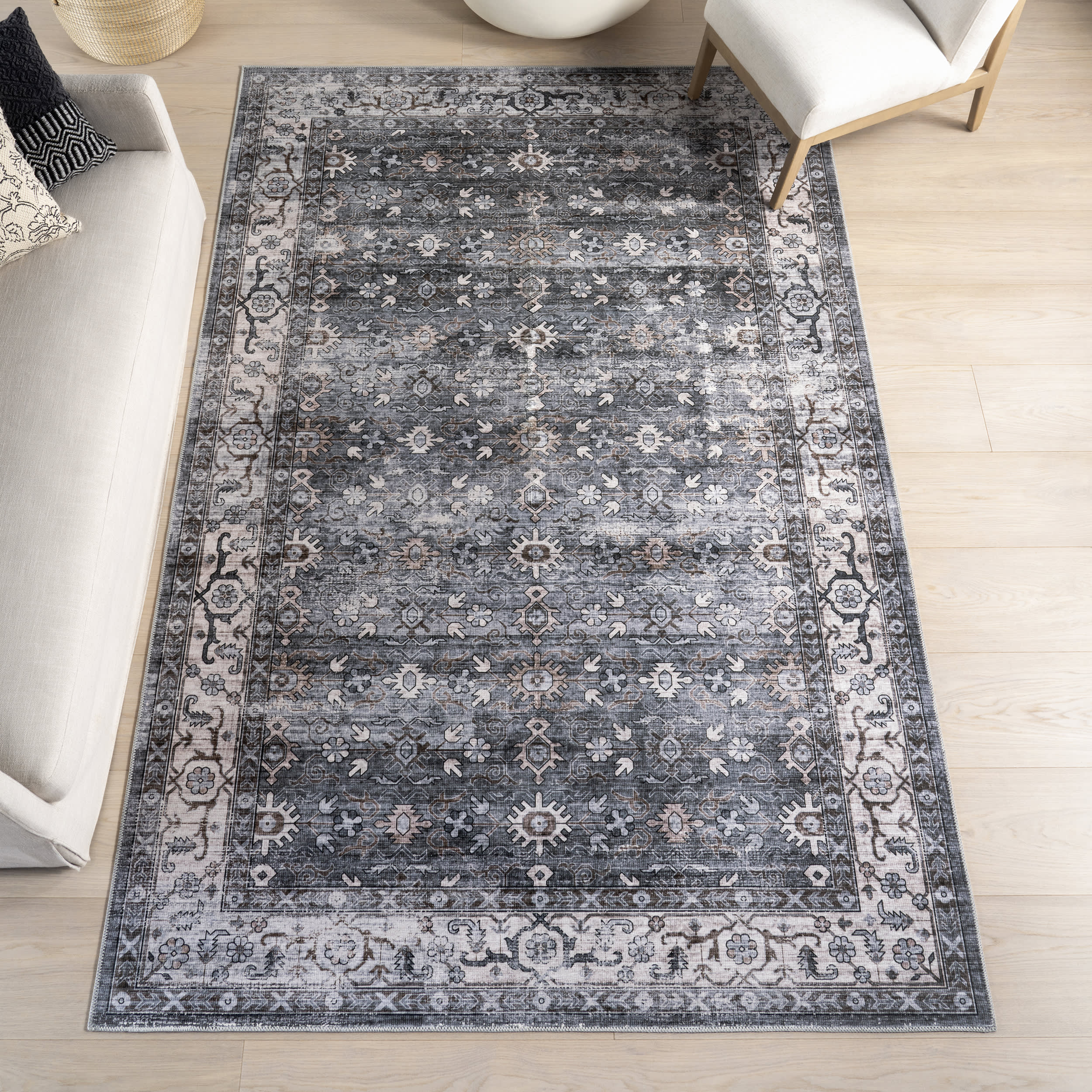 Myrtle Spill Proof Washable Vintage Rug | Grey