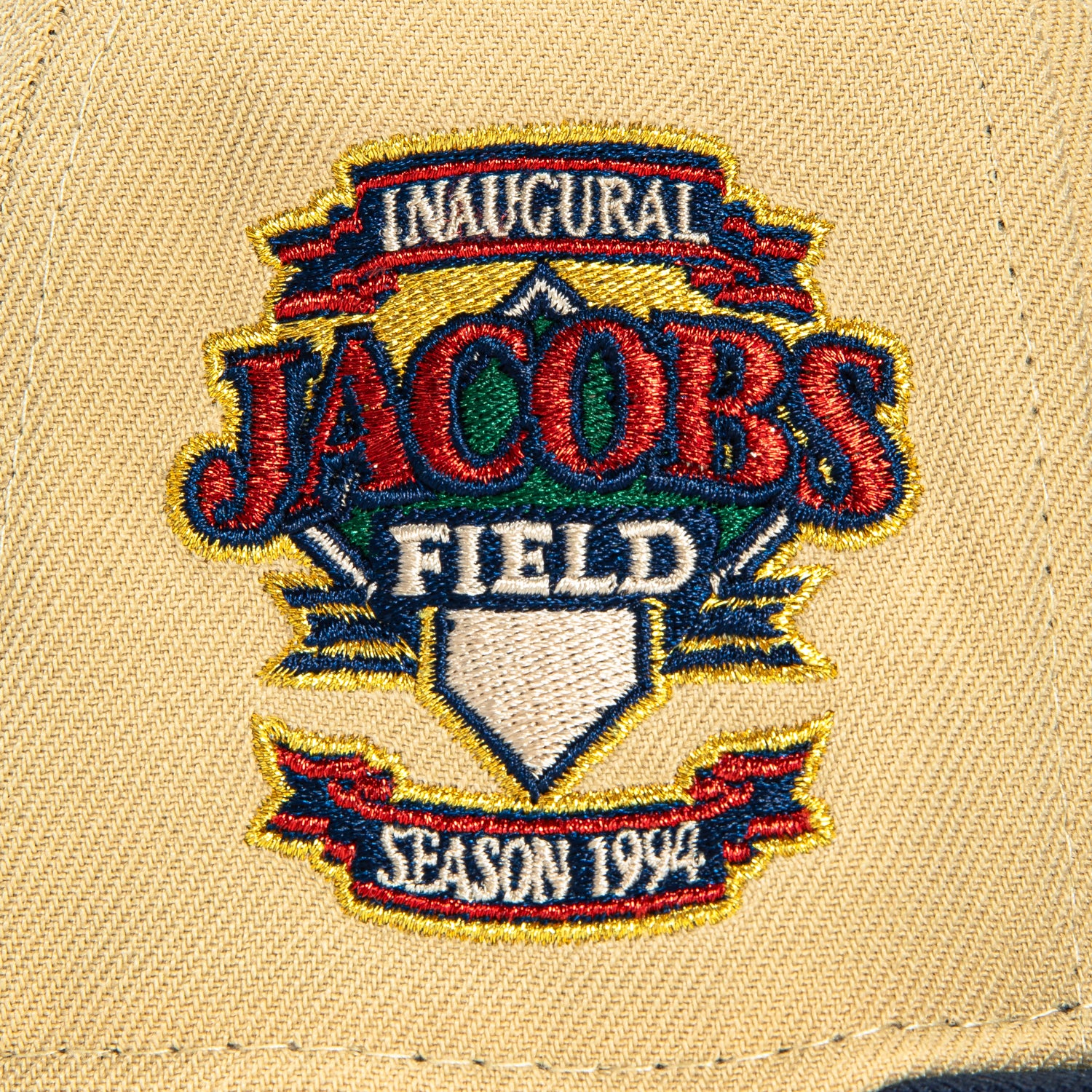 New Era 59Fifty Cleveland Guardians Jacobs Field Patch I Hat - Tan, Navy, Metallic Gold