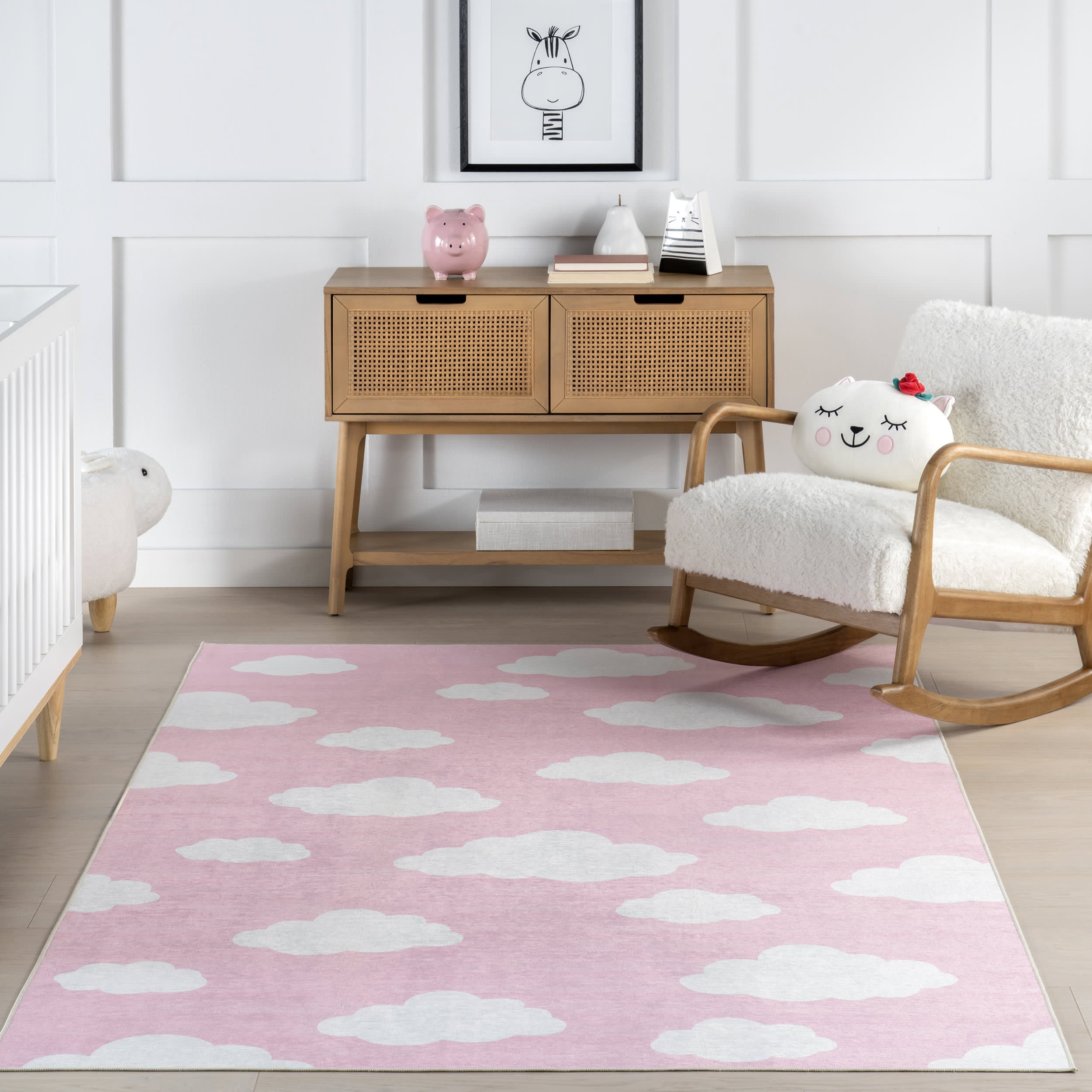 Landon Clouds Kids Spill Proof Washable Rug | Pink