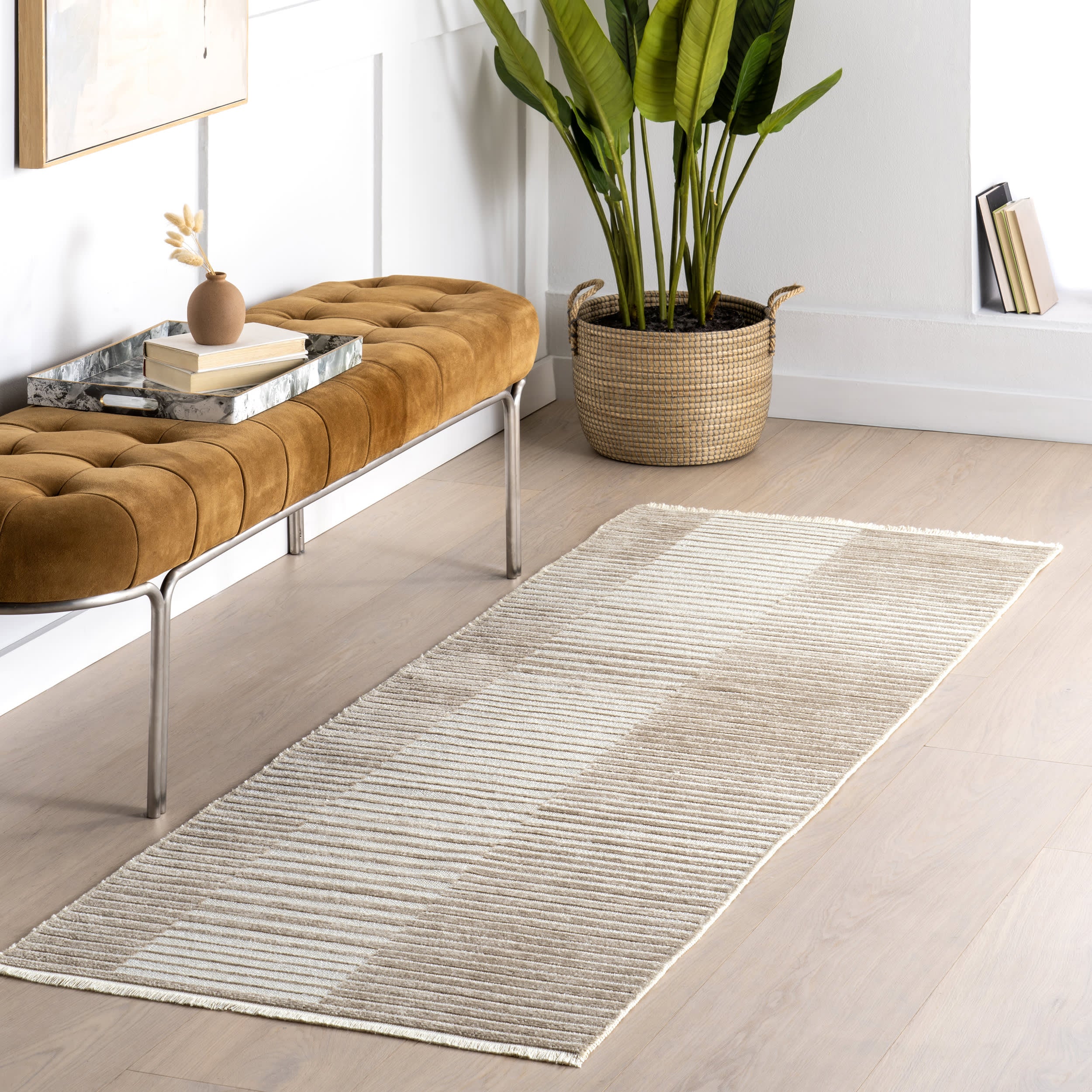 Nova Striped Checkerboard Reversible Washable Rug | Taupe