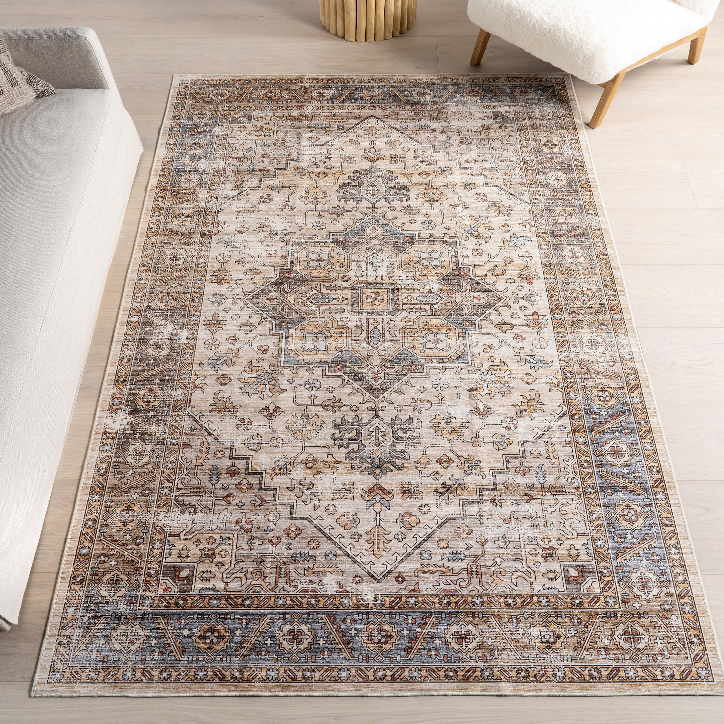 Azaria Medallion Spill Proof Washable Rug | Ivory