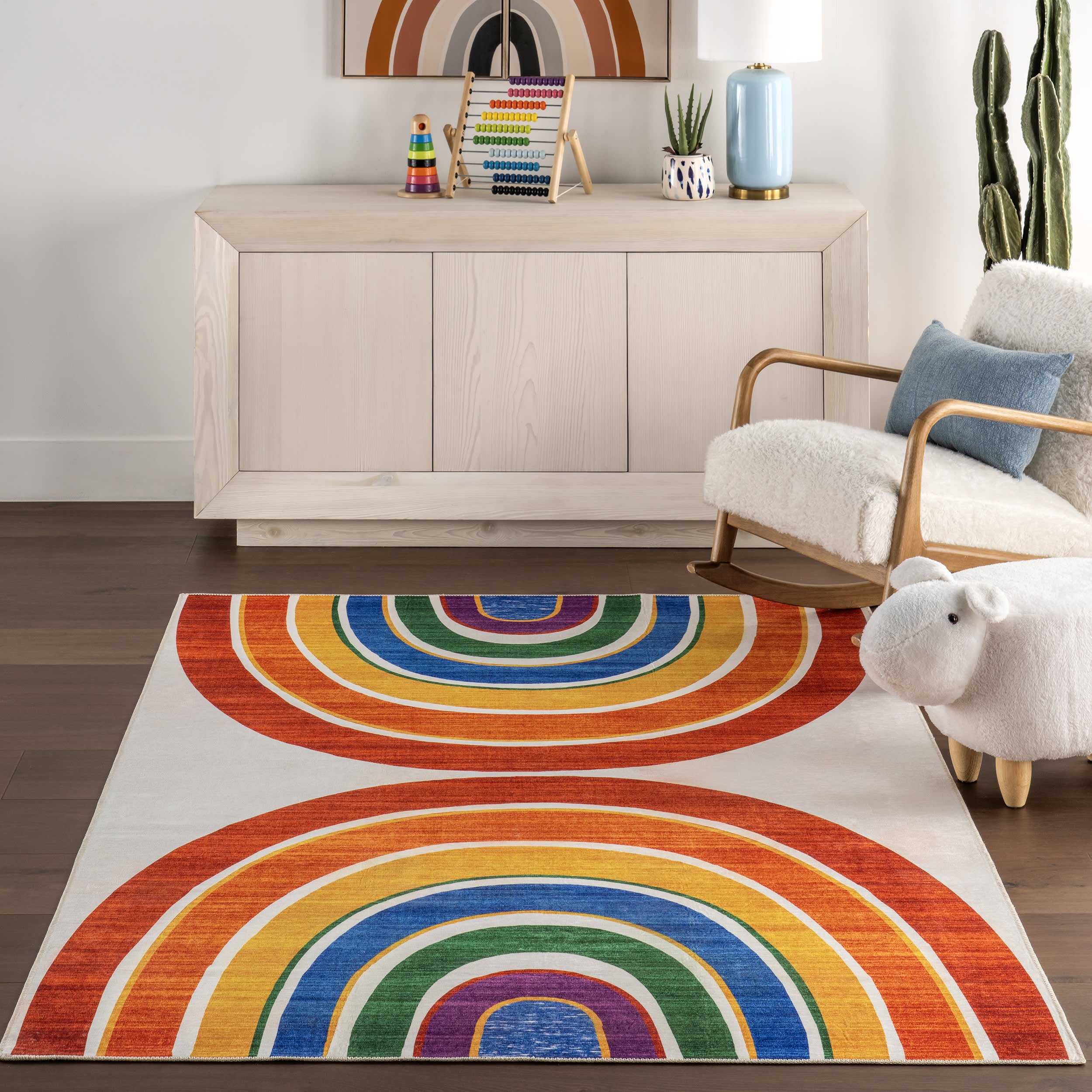 Matilda Kids Spill Proof Washable Double Rainbow Rug | White Multicolor