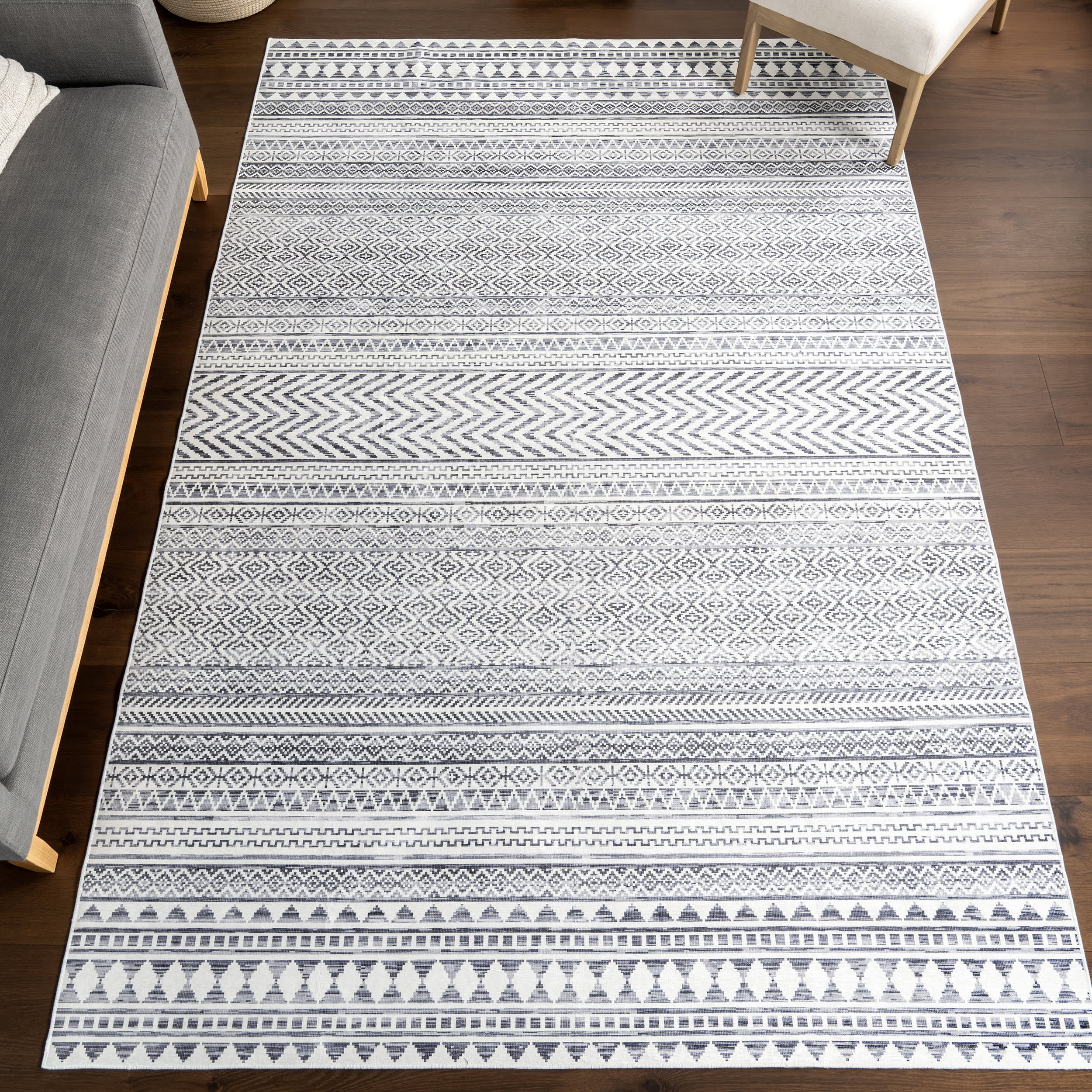 Tribal Banded Spill Proof Washable Rug | Grey