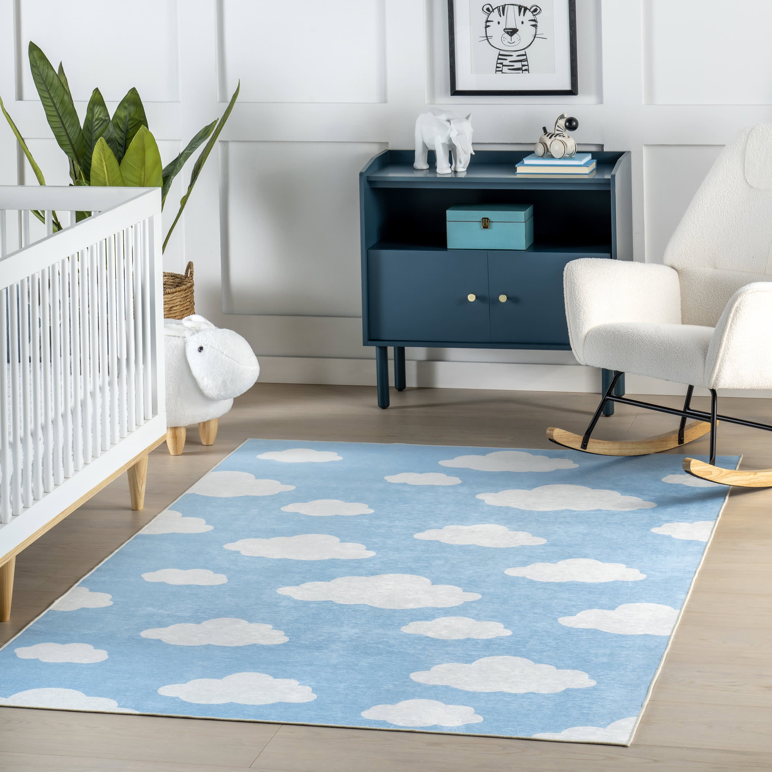 Landon Clouds Kids Spill Proof Washable Rug | Light Blue