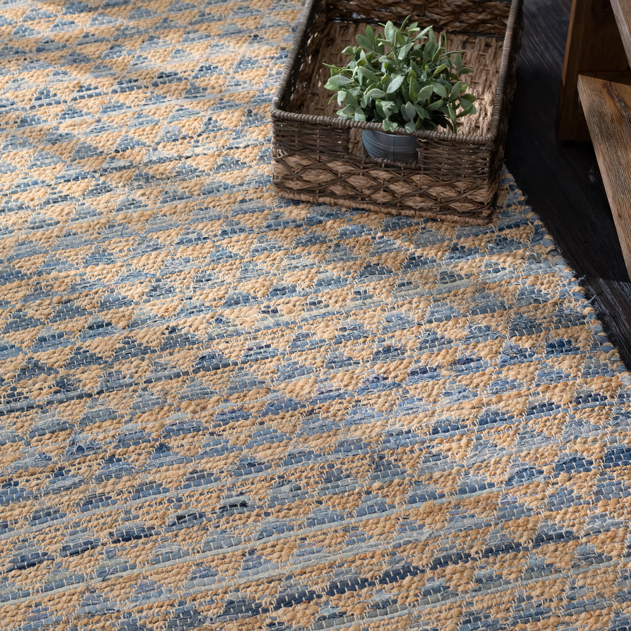 Geometric Rag Denim Handwoven Jute Rug