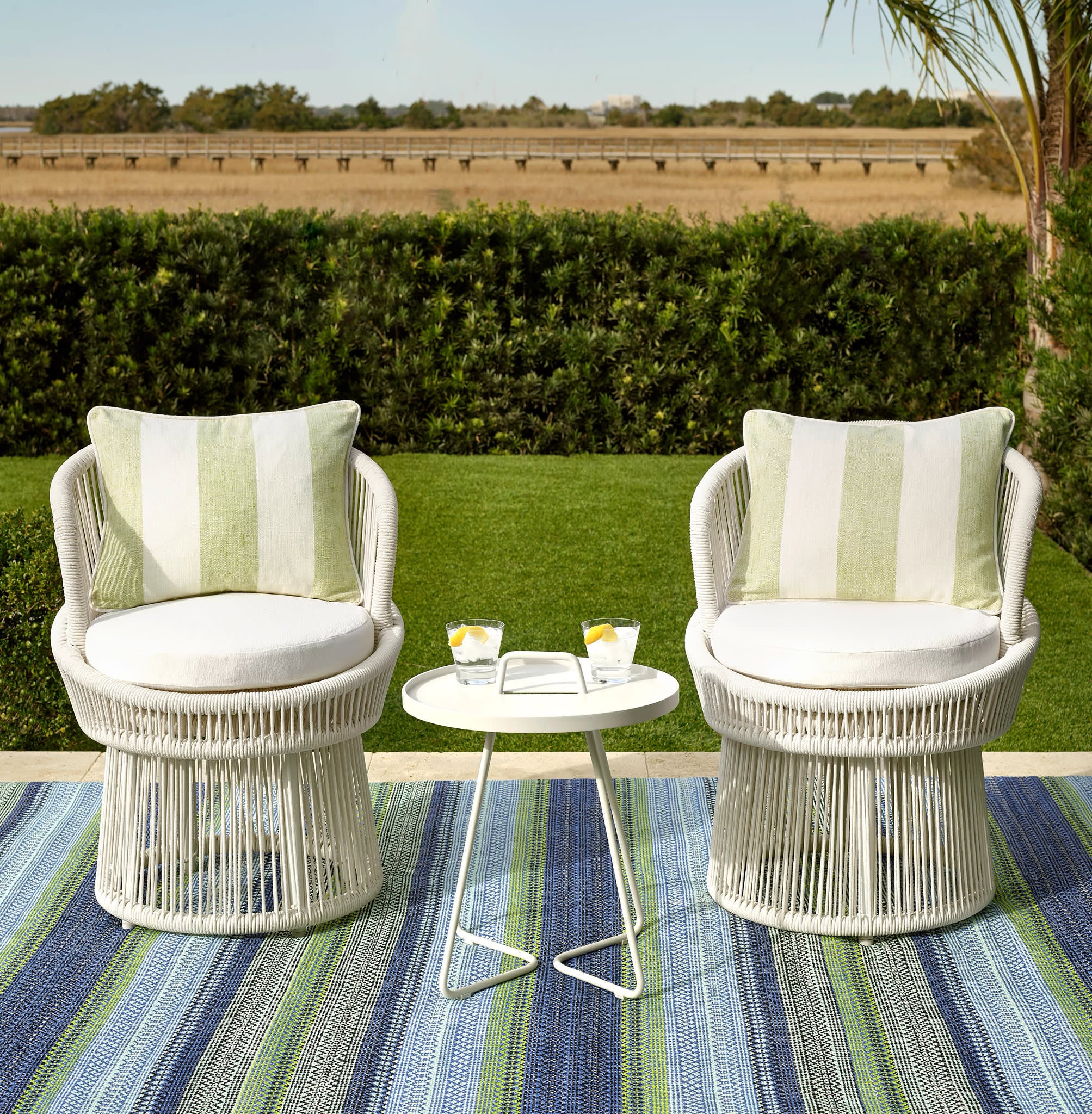 Fiesta Stripe French Blue/Green Handwoven Indoor/Outdoor Rug