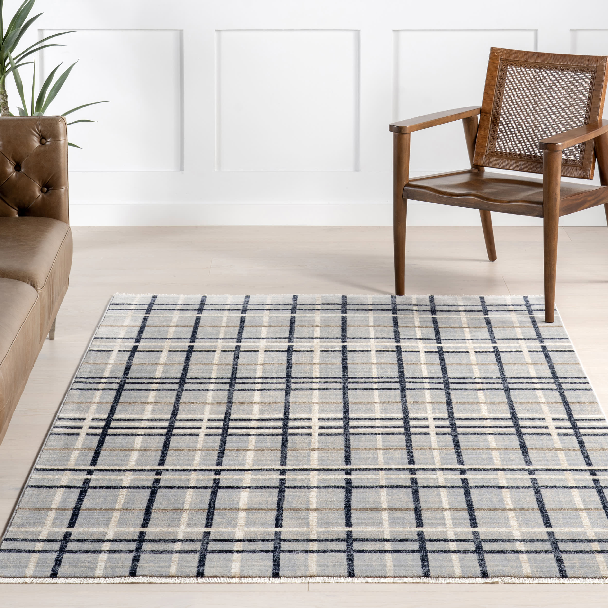 Lina Plaid Fringed Rug | Blue