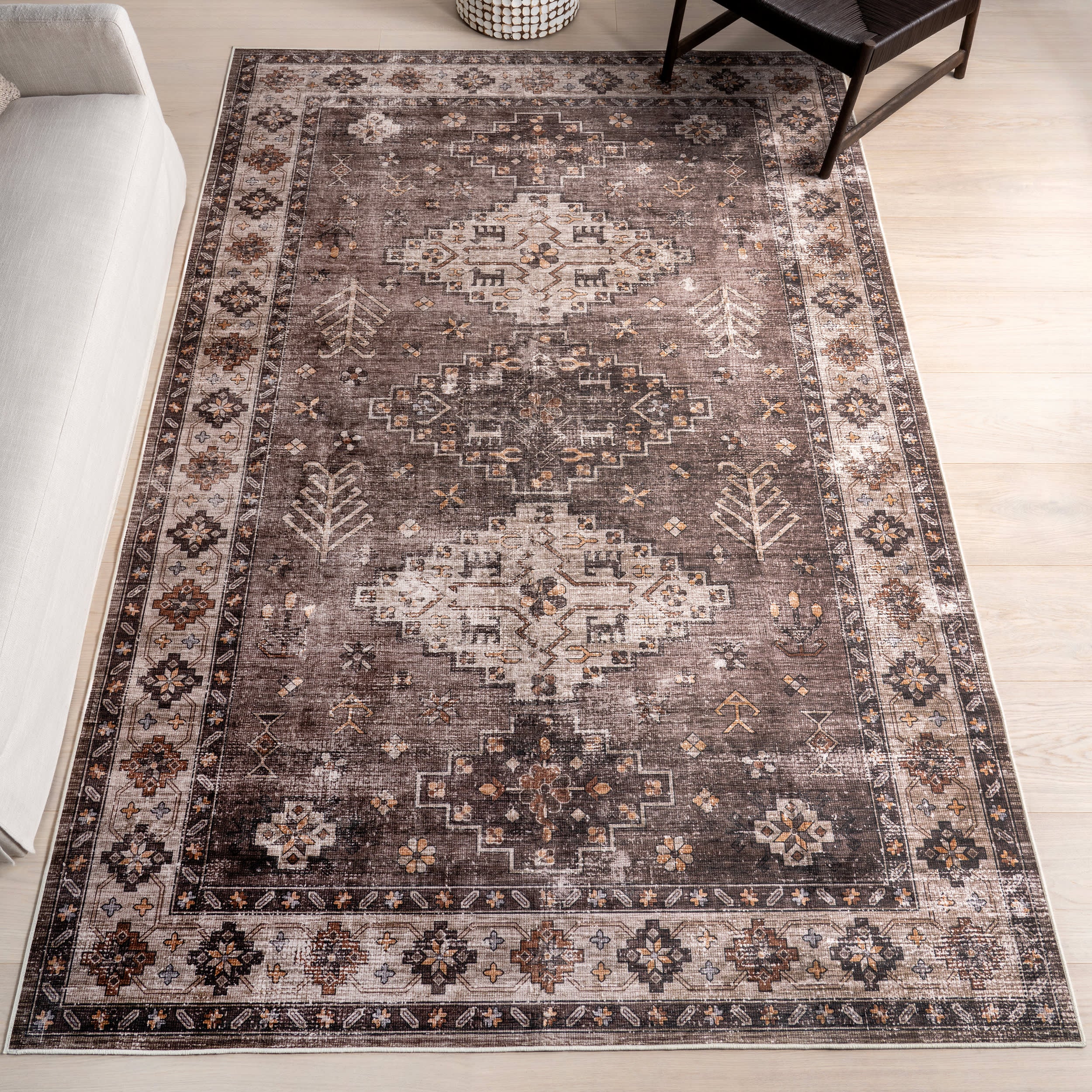 Barbary Distressed Spill Proof Washable Rug | Dark Brown