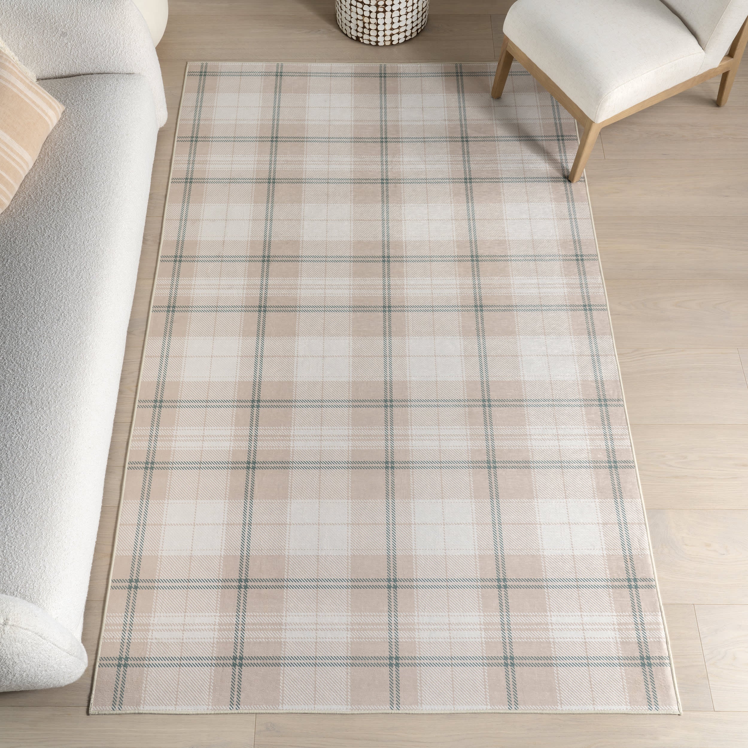 Raye Plaid Spill Proof Washable Rug | Beige