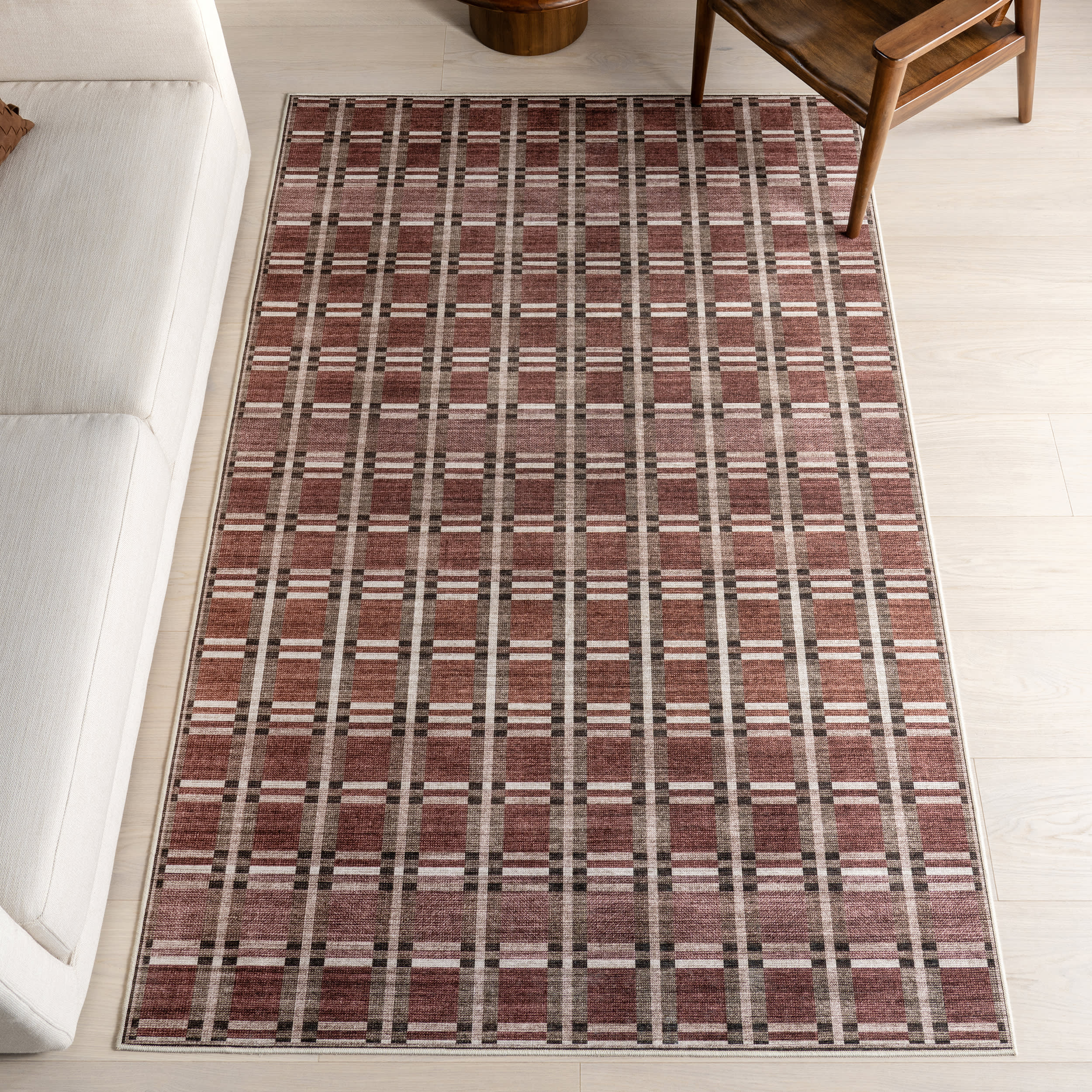 Sacha Plaid Spill Proof Washable Rug | Rust