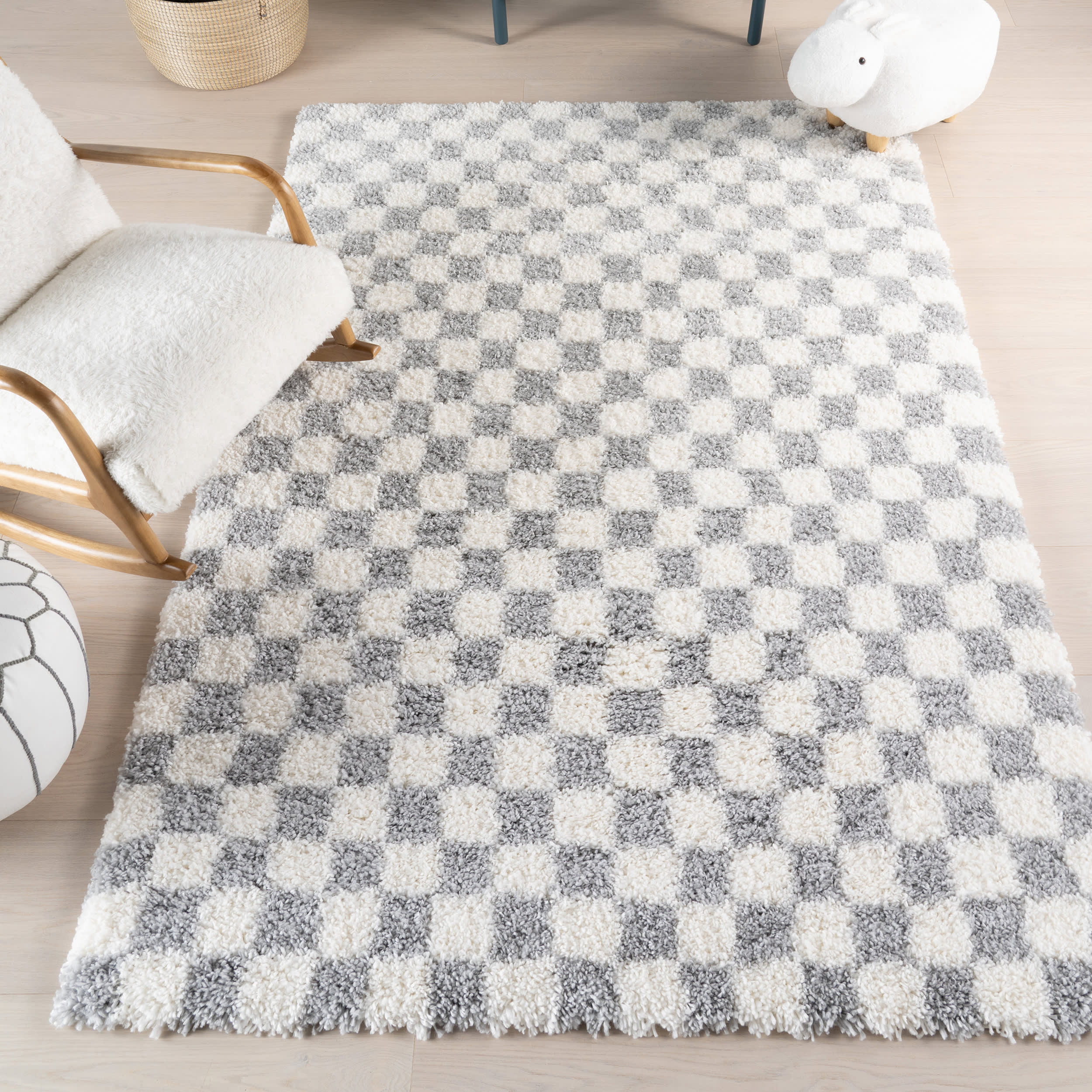 Bettie Retro Checkered Shag Rug | Light Grey