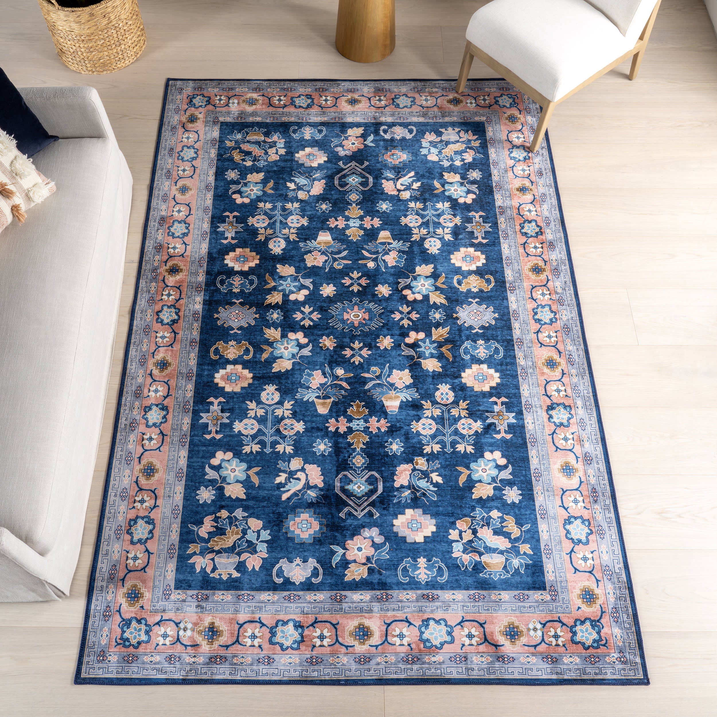 Dayflower Vintage Spill Proof Washable Rug | Blue