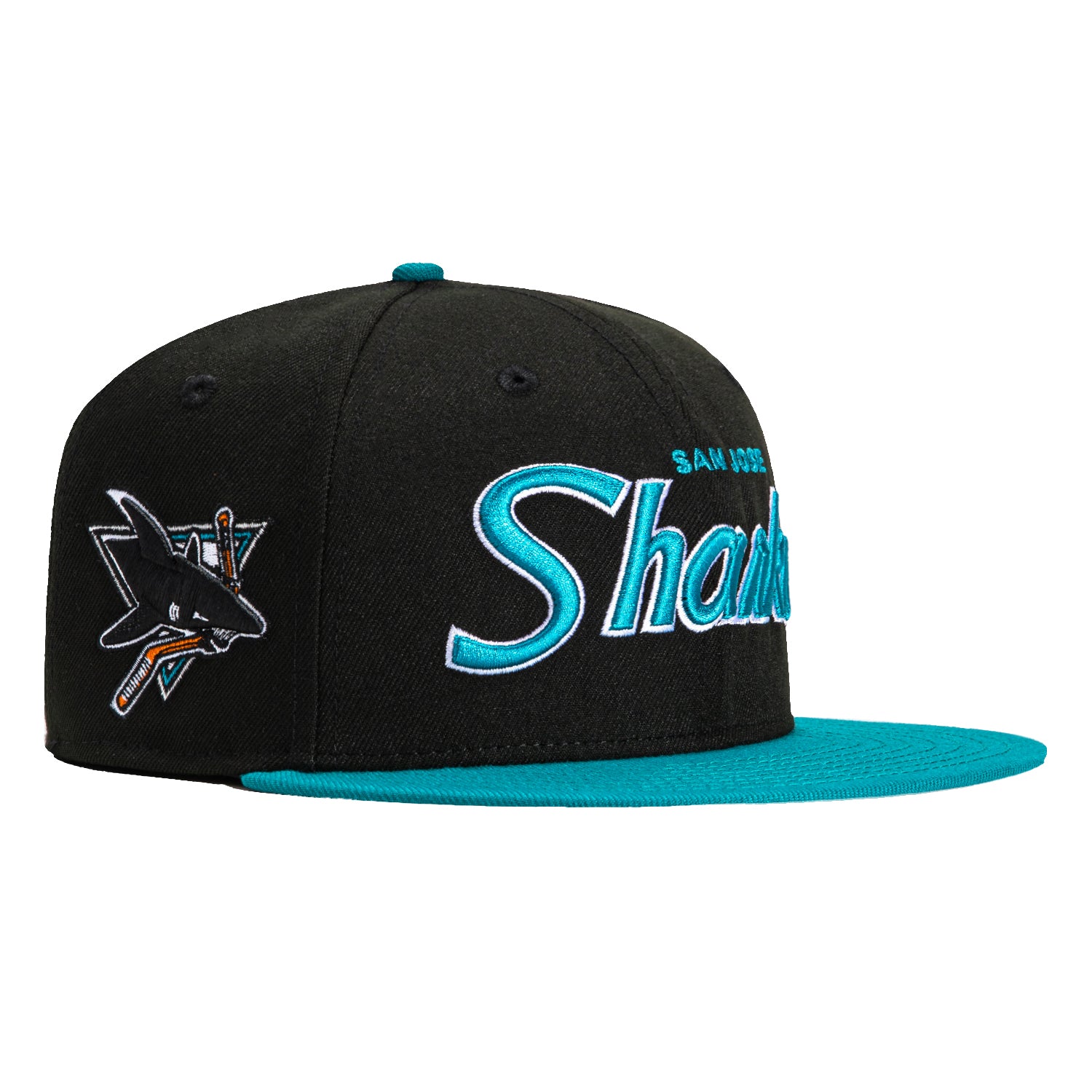 New Era 59Fifty San Jose Sharks Logo Patch Script Hat - Black, Teal