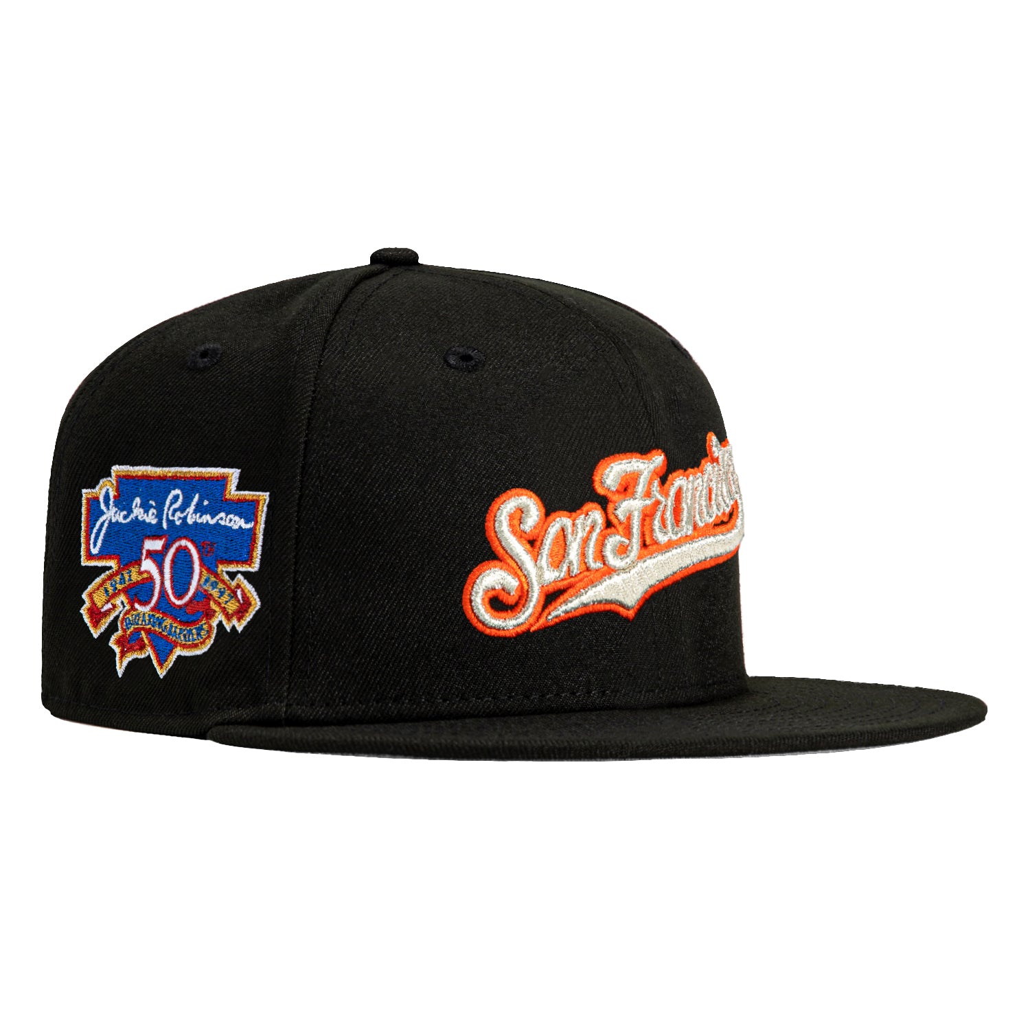 New Era 59Fifty San Francisco Giants Jackie Robinson 50th Anniversary Patch Script Hat - Black, Metallic Silver