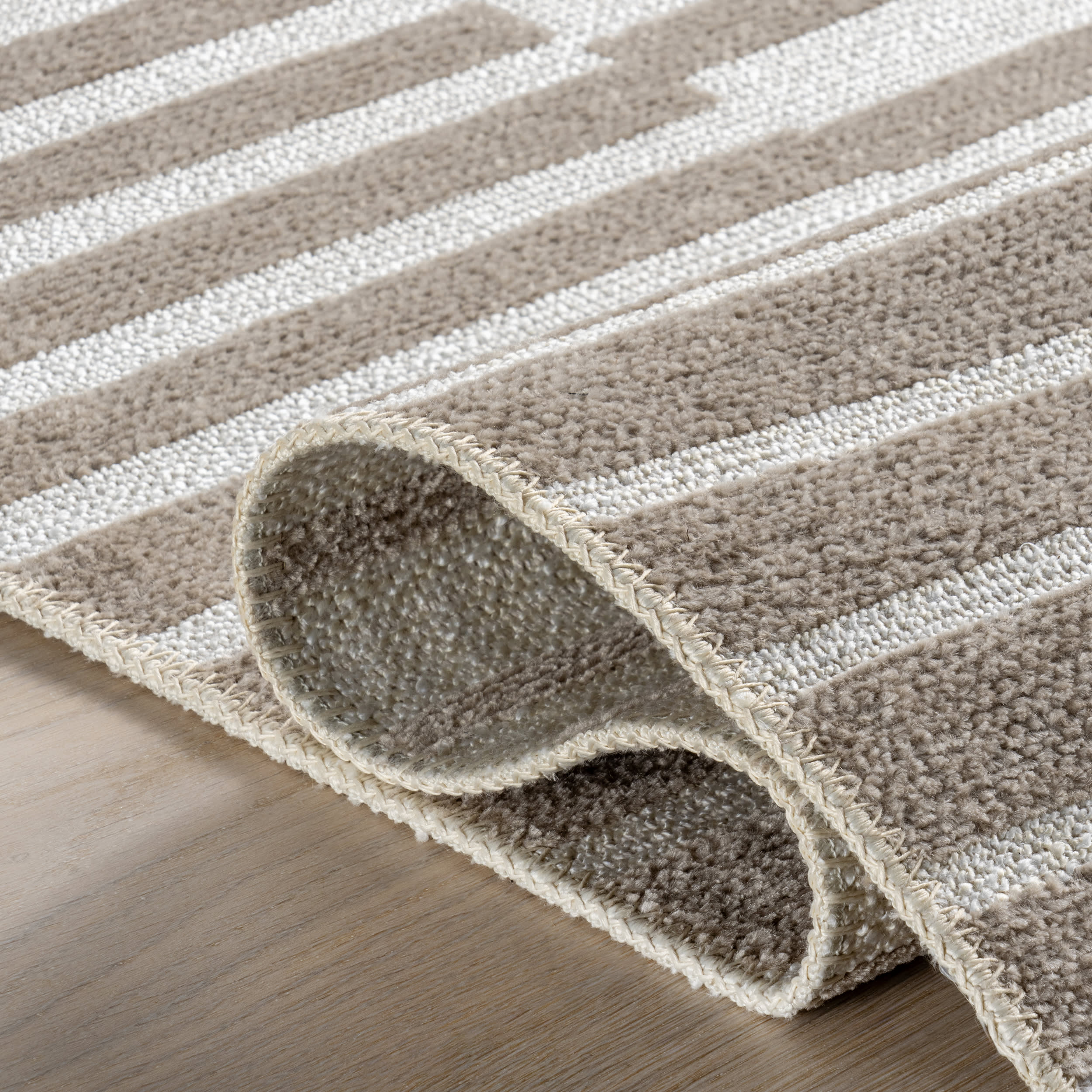 Nova Striped Checkerboard Reversible Washable Rug | Taupe