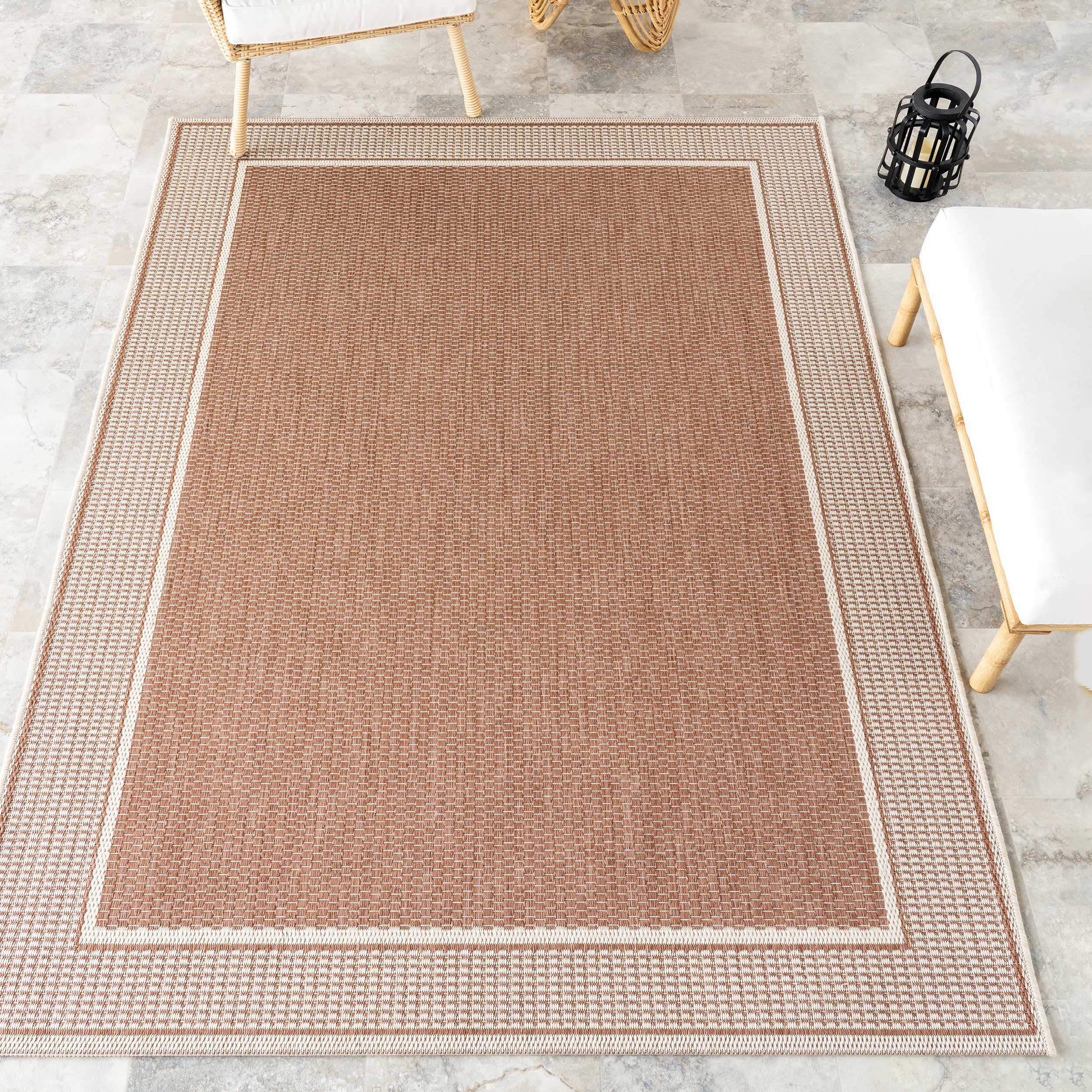 Monochrome Bordered Indoor/Outdoor Rug | Brown