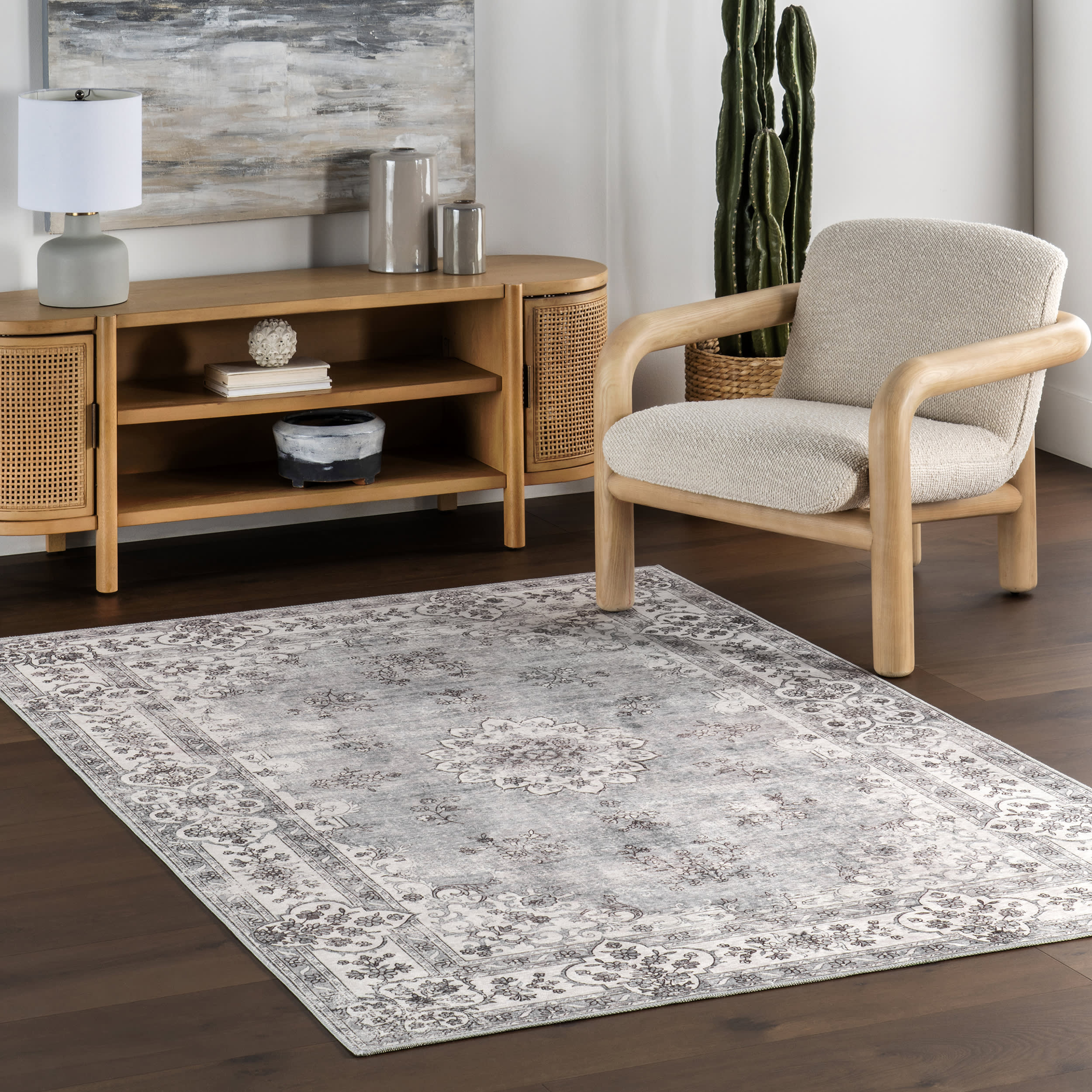 Rosette Medallion Spill Proof Washable Rug | Stone