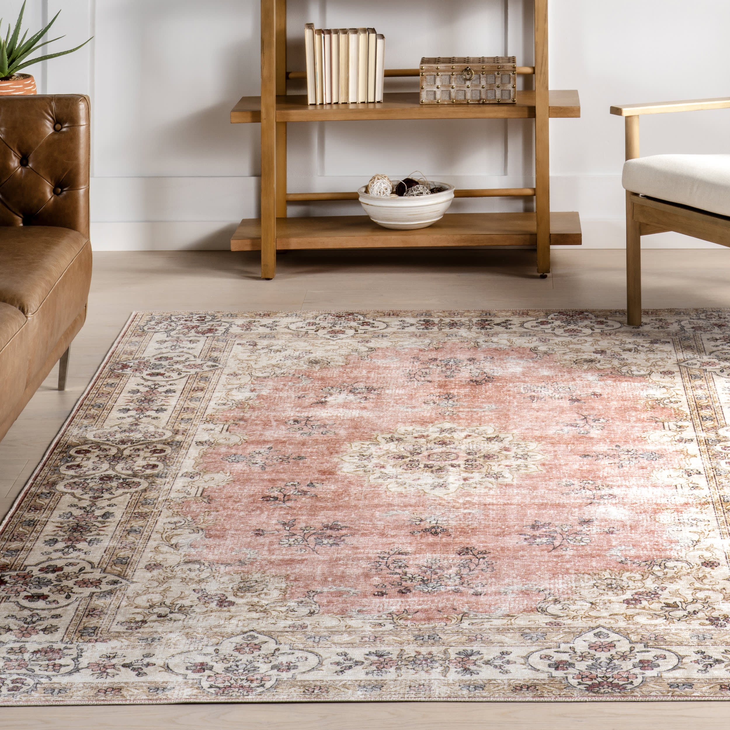 Rosette Medallion Spill Proof Washable Rug | Peach