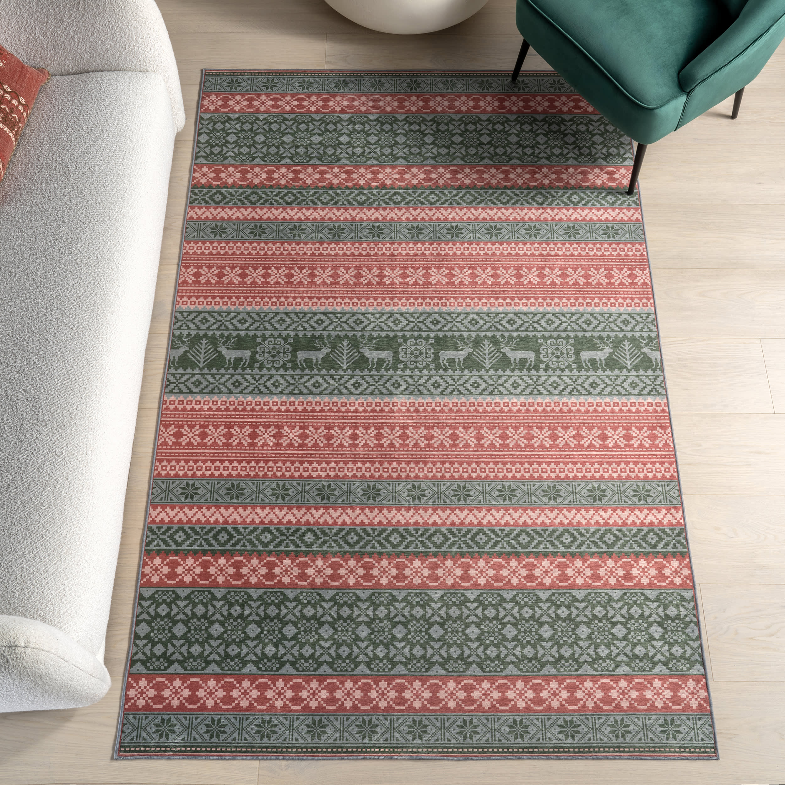 Hollie Reindeer Spill Proof Washable Rug | Red