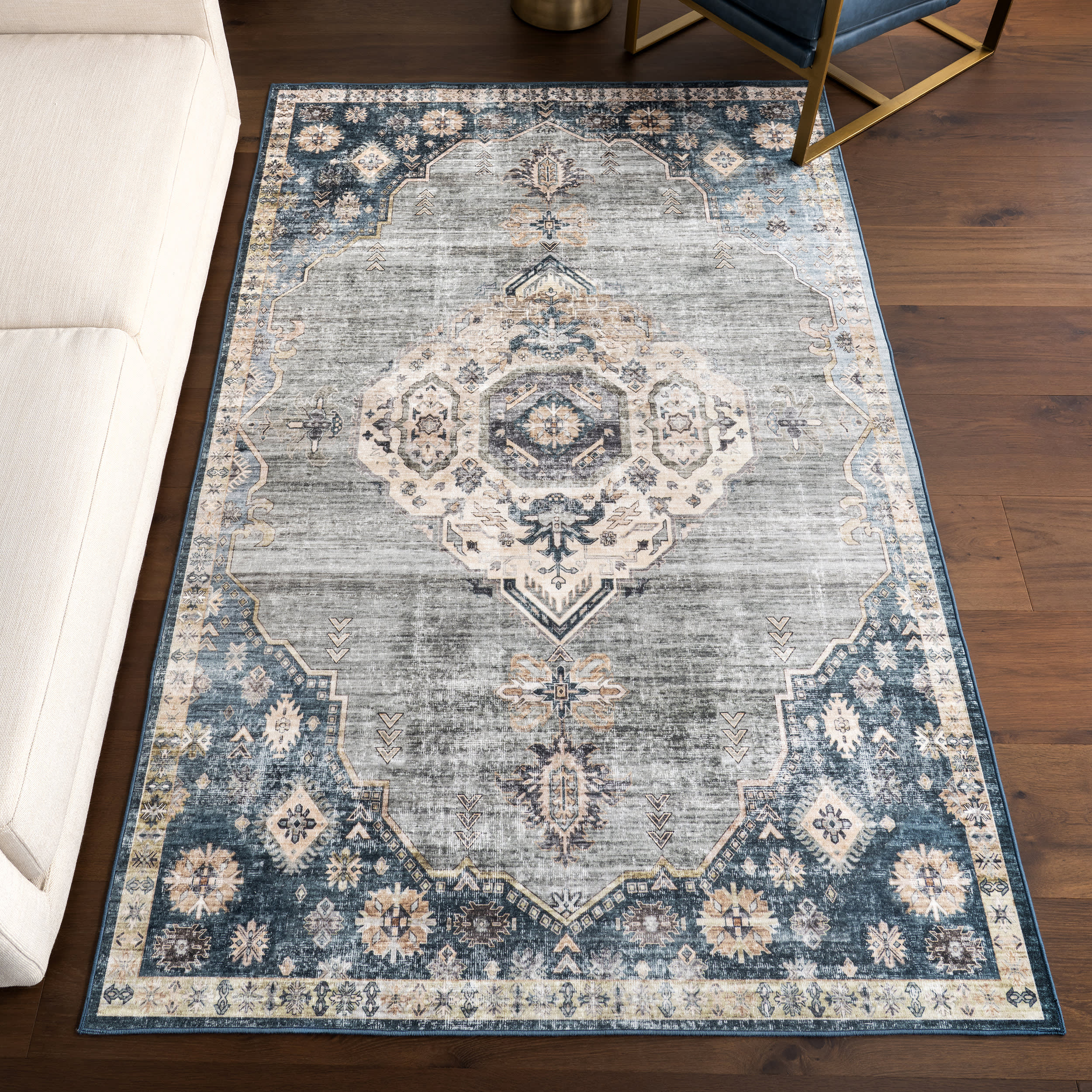 Noor Medallion Spill Proof Washable Rug | Blue