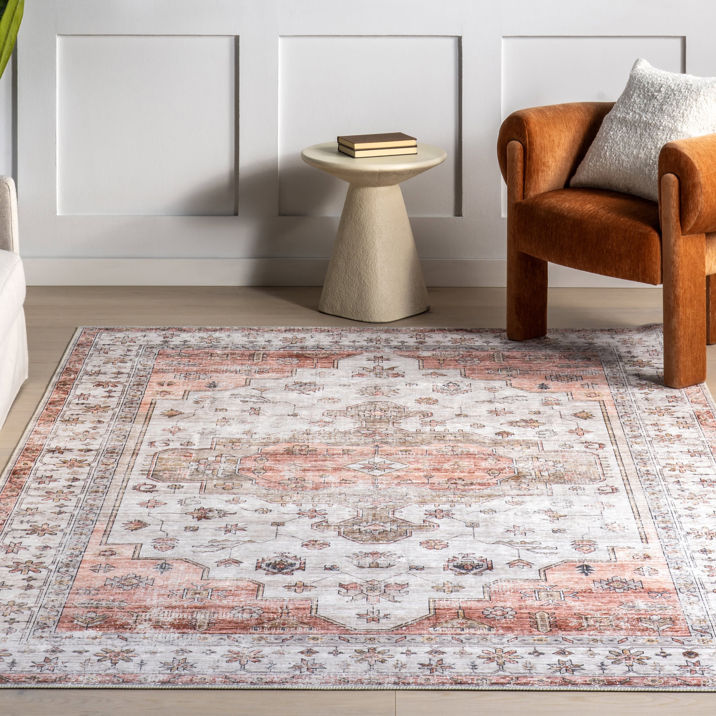 Francis Cartouche Medallion Spill Proof Washable Rug | Beige